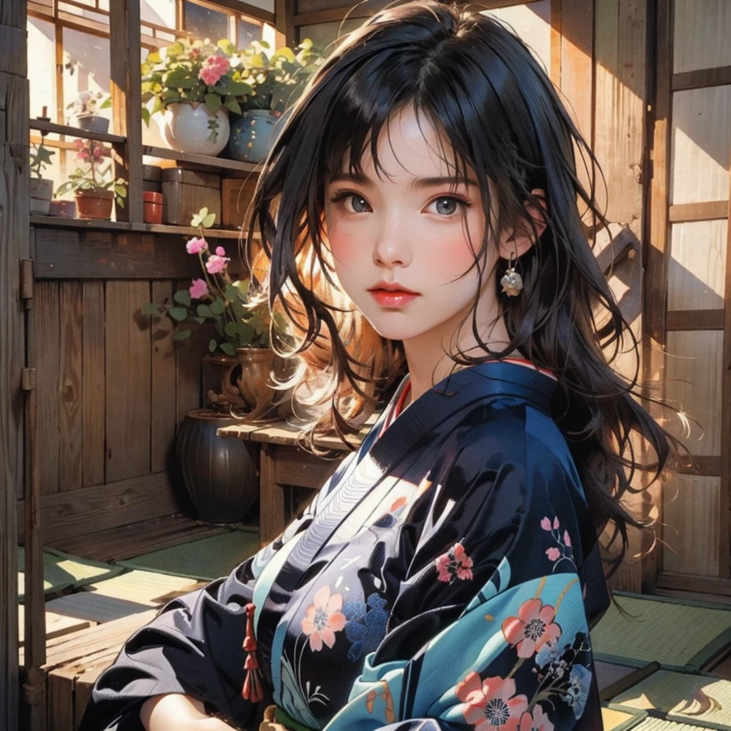 (highest quality、8k、32k、masterpiece)、(masterpiece, up to date,Exceptional:1.2), Anime, One girl,Front hair,black_hair, Beautiful 8k eyes,Looking_in_Audience,One person in,Are standing,((Very beautiful woman, Fuller lips, Japanese pintern kimono))、((Colorful Japanese kimono)))、(((Medium Shot)))、Blunt bung、(High resolution)、Very beautiful face and eyes、1 girl 、Round and small face、Narrow waist、delicine body、(highest quality high detail Rich skin details)、(highest quality、8k、Oil paints:1.2)、Very detailed、(Realistic、Realistic:1.37)、Bright colors、(((blackhair)))、(((longhair)))、(((cowboy pictures)))、((( Inside an old Japanese house)))、(masterpiece, highest quality, highest quality, Official Art, beautifully、aesthetic:1.2), (One girl), Very detailedな,(Fractal Art:1.3),colorful,Most detailed,Sengoku period(High resolution)、Very beautiful face and eyes、1 girl 、Round and small face、Tight waist、Delicine body、(highest quality high detail Rich skin details)、(highest quality、8k、Oil paints:1.2)、(Realistic、Realistic:1.37)、Greg Rutkowski Written by Alphonse Mucha Ropp, sun lips