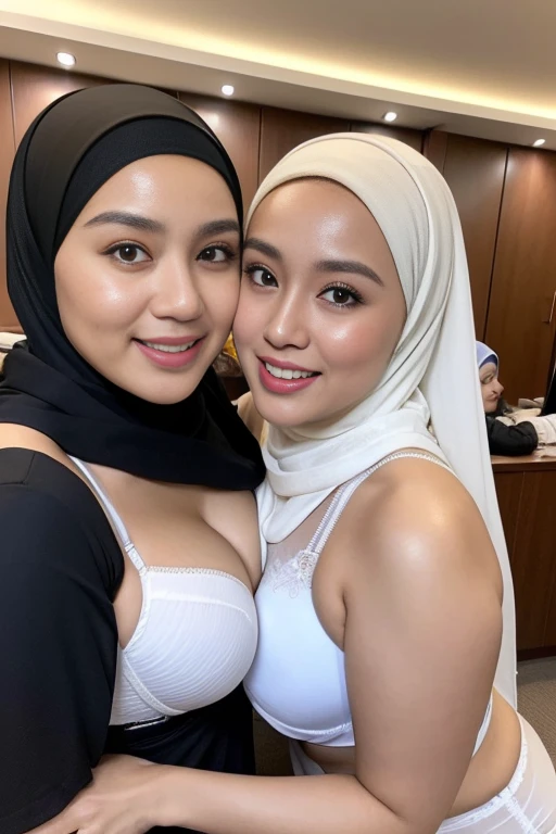 ((2woman)), ((36 years Old)), ((Sugar Mama)), ((Sensual Lips)), (White Skin), ((beautiful rich Indonesian woman)), ((Long Hijab)), (Massive Gigantic Colossal  : 1.2), ((Captivating Smile)), ((Sport Bra)), curvy body, (Breast about To burst out from her clothes), at doctor office, Dark light, at Nighttime, Sharing Passionate Hug and groping breast, Lesbian couple.