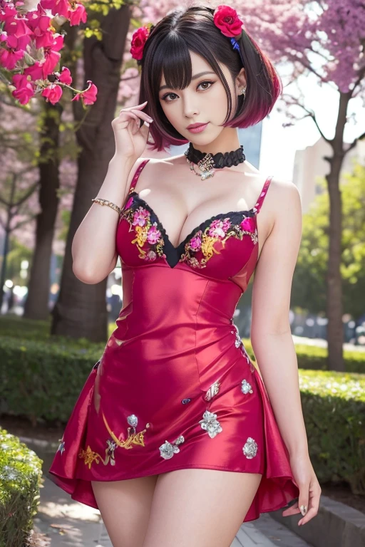 (masterpiece:1.4), (best quality:1.4), ultra high res, ultra high resolution, ((detailed facial features)), HDR, (realistic, photorealistic, photo-realistic:1.37), full body Esbian, sexy japanese model, (-anime), vivid colors, ((vivid colors multicolor (red, fuchsia) very short hair)), (happy smile), lip-gloss, long lashes, ultra detailed metallic makeup, defined eyebrows, wearing large sparkling colorful jewelery, wearing a red silk Paradise Kiss cosplay dress with black floral embroidery, ((vivid colors outfit)), vivid colors, look at the camera, cinematic light, large park background with trees, sweet and sexy pose