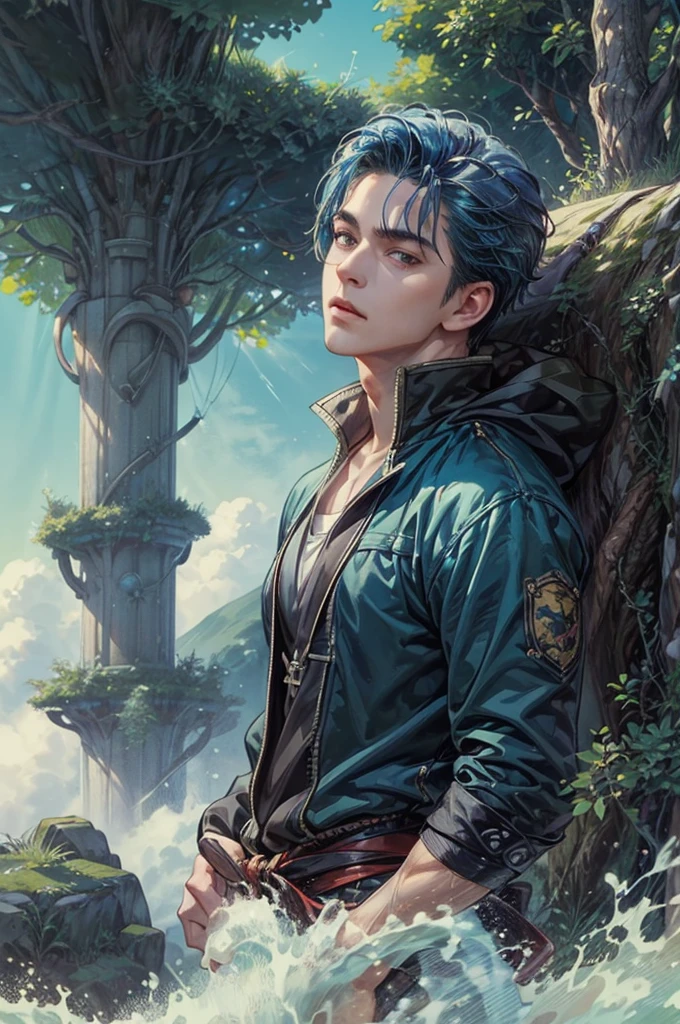 ((Best quality)), ((masterpiece)), (detailed), ((perfect face)), ((halfbody)) handsome face, male,  boy,  perfect proportions , a character from anime groove adventure Rave, blue hair, male version , hiro mashima art, detailed ghibli forest background, detailed ghibli scenery background 