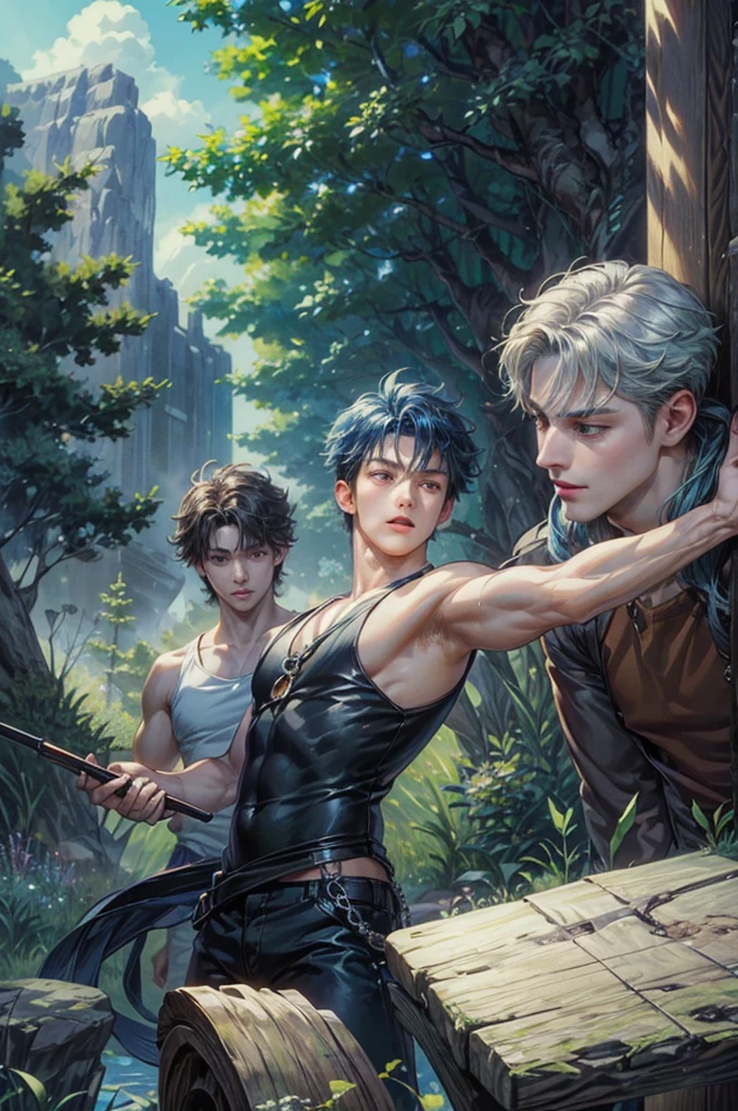((Best quality)), ((masterpiece)), (detailed), ((perfect face)), ((halfbody)) handsome face, male, boy, perfect proportions , a character from anime groove adventure Rave, blue hair, male version , hiro mashima art, detailed ghibli forest background, detailed ghibli scenery background