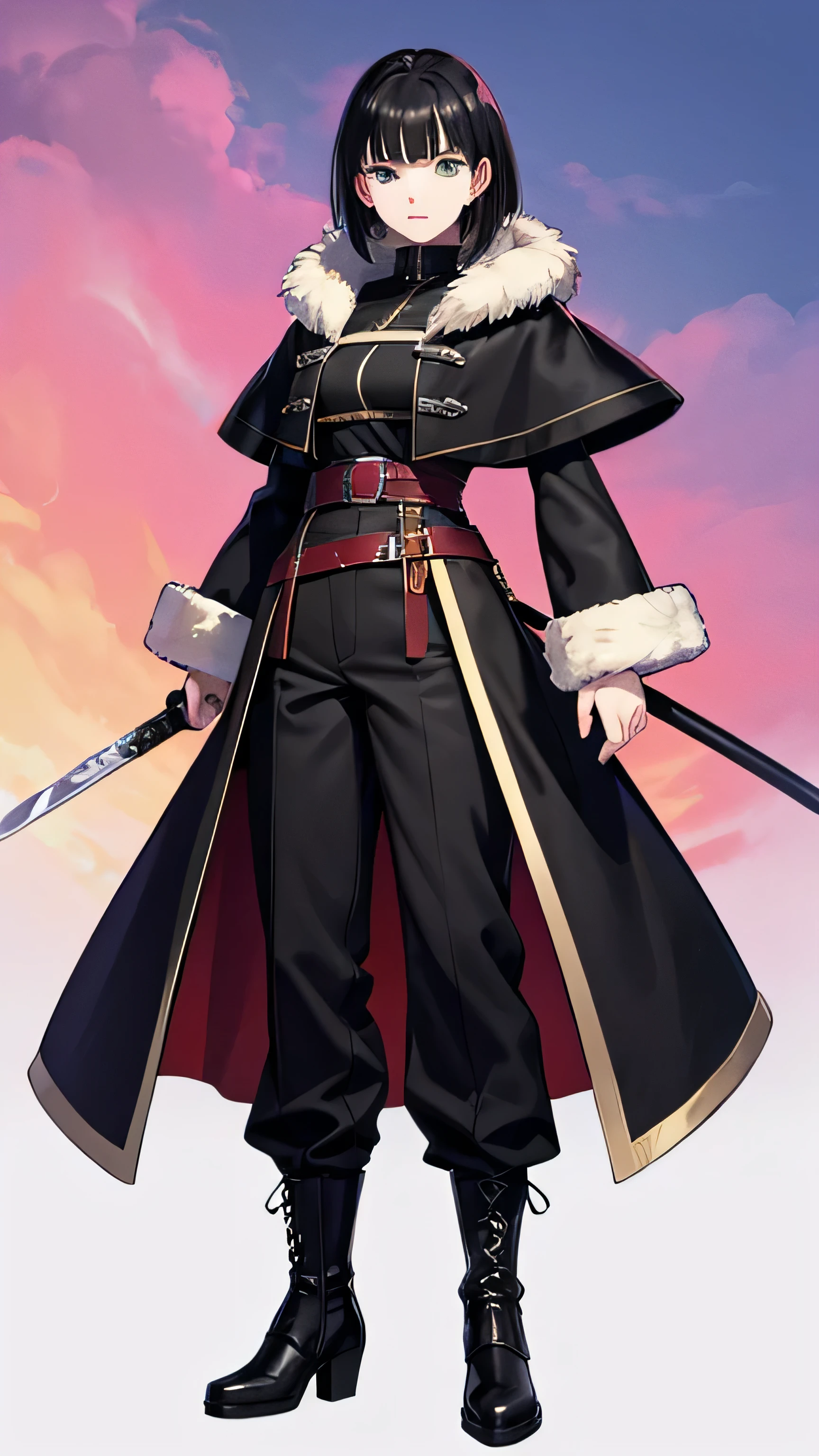 Detailed anime style art, 90s aesthetic, hand-drawn, vibrant colors, serious-faced female protagonist, pale skin, intense green eyes, arched eyebrows, short black hair with bangs and longer side locks, medieval-inspired outfit with black leather coat, fur collar, long cloak, fabric pants, iron-toed boots, carrying sheathed sword, ornate silver accents, 9:16 ratio full body shot