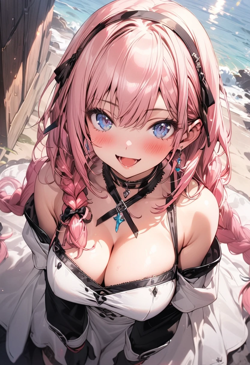 (masterpiece),(best quality),(ultra-detailed),(best illustration),(best shadow),(absurdres),(detailed background),(very aesthetic), 1girl, solo, blue-eyes, ((long-hair)), braid, boots, pink-hair, breasts, twin-braids, smile, open-mouth, cleavage, choker, large-breasts, full-body, bare-shoulders, looking-at-viewer, simple-background, hairband, blush, armor, gloves, white-dress, knee-boots, standing
