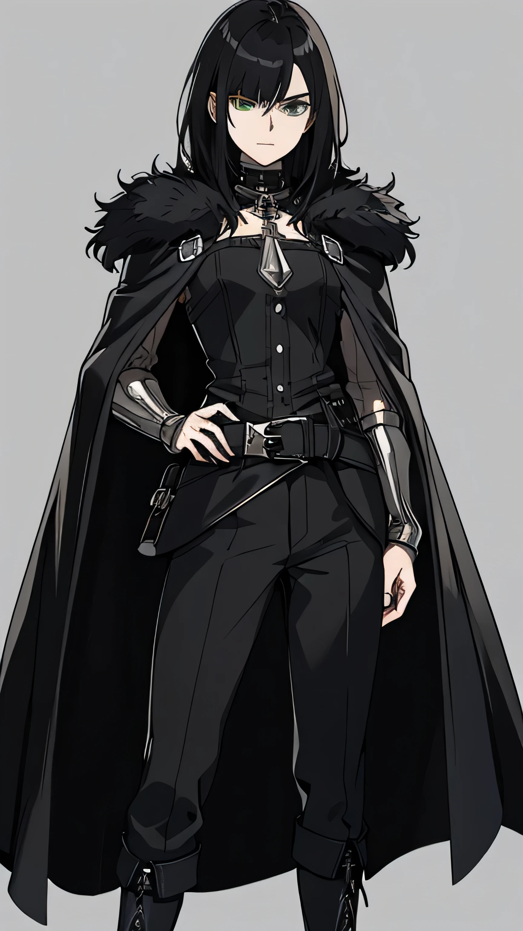 Detailed creation of a character with medieval aesthetics, very loose leather and animal skin clothes to protect from the cold. Concept art anime. A 20-year-old girl/woman, very white skin, intense green eyes, arched eyebrows, short black hair, neck length, bangs above the eyebrow, and side strands a little longer than the rest of the hair. She wears a voluminous black leather coat with silver details, shoulder length, the coat has a layer of fuzzy fur, to warm the neck and to protect from the cold, it is also complemented by a long cape. Medieval vests for the bitter winter. The outfit is decorated with rich silver pieces and buttons, with a belt running from the shoulder to the waist, to hold the cape. He also wears loose-fitting black linen pants and black leather boots with iron toes.