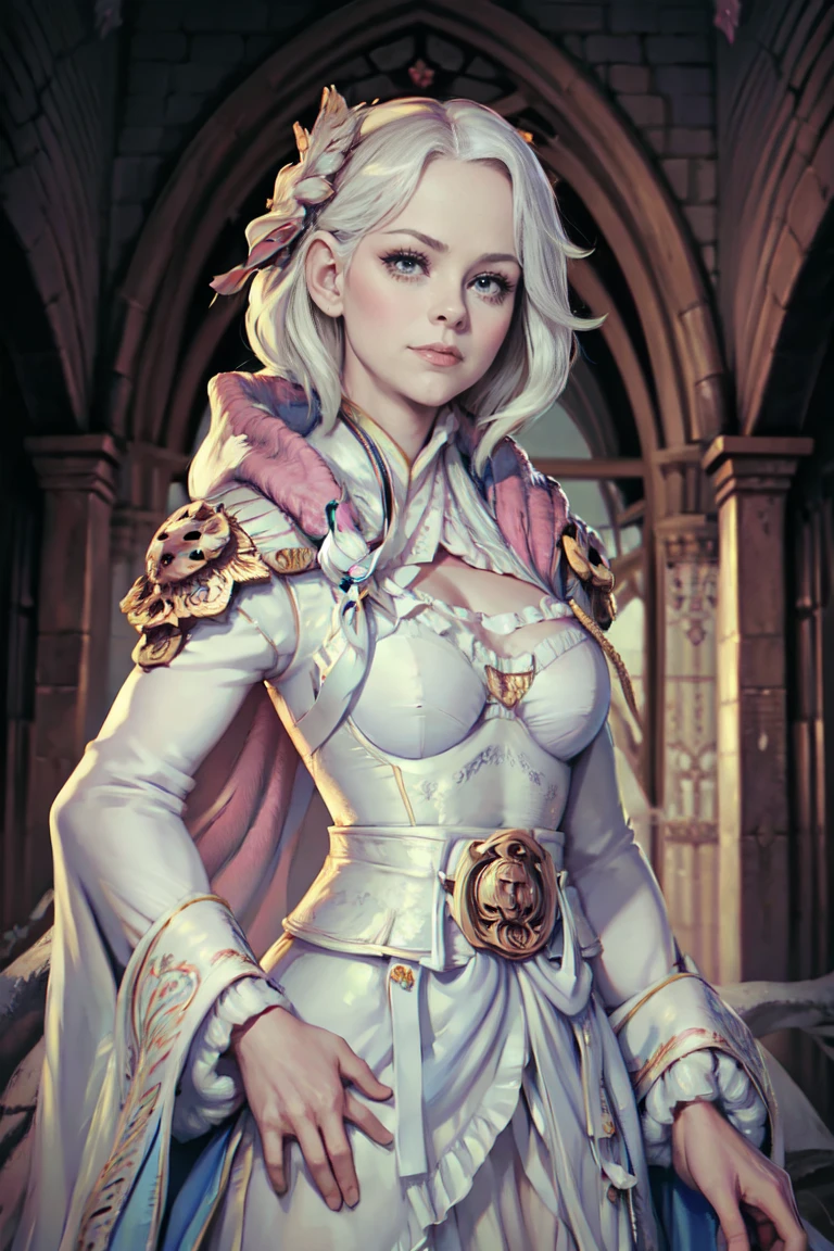 1 girl, rogue trader, white hair, robes, medium breasts, short hair, smug expression, sash, upper body, inside a palace, 8k, sharp focus, bright blue eyes, jewelry, frilly baroque dress, ascot, embroidery 