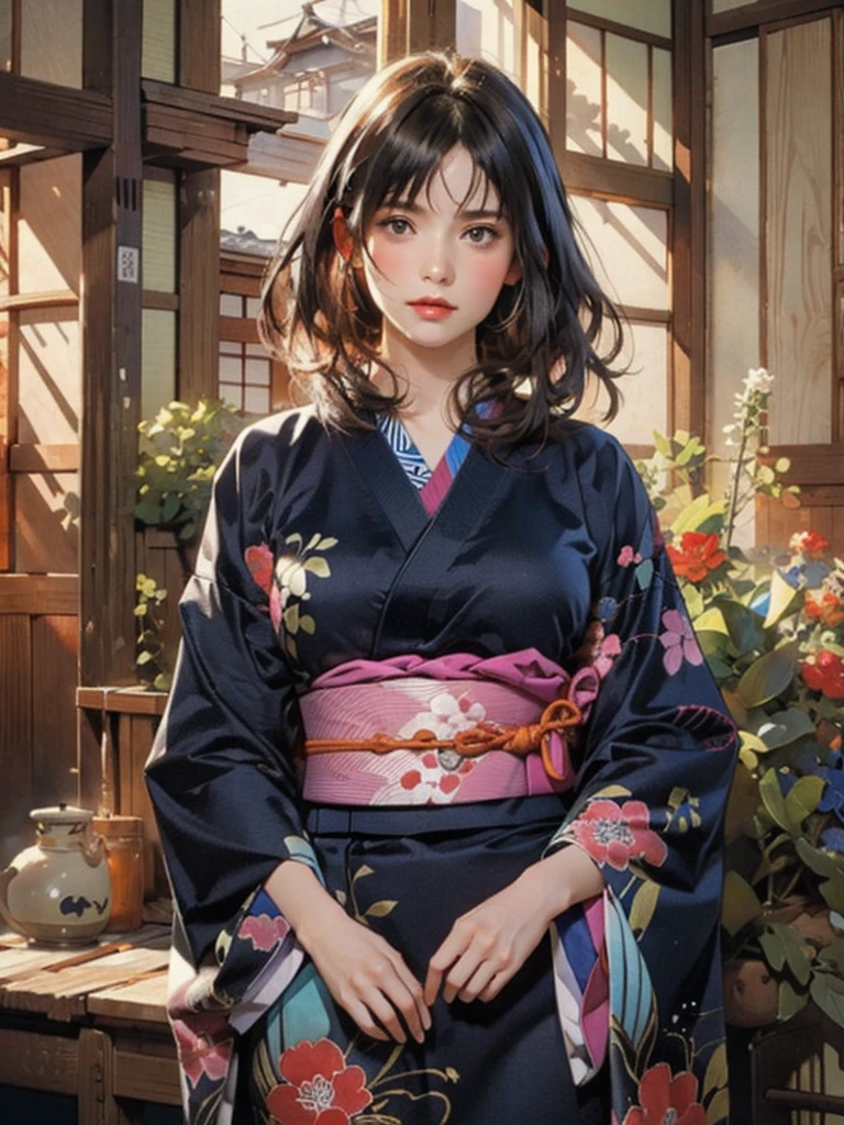 (highest quality、8k、32k、masterpiece)、(masterpiece, up to date,Exceptional:1.2), Anime, One girl,Front hair,black_hair, Beautiful 8k eyes,Looking_in_Audience,One person in,Are standing,((Very beautiful woman, Fuller lips, Japanese pintern kimono))、((Colorful Japanese kimono)))、(((Medium Shot)))、Blunt bung、(High resolution)、Very beautiful face and eyes、1 girl 、Round and small face、Narrow waist、delicine body、(highest quality high detail Rich skin details)、(highest quality、8k、Oil paints:1.2)、Very detailed、(Realistic、Realistic:1.37)、Bright colors、(((blackhair)))、(((longhair)))、(((cowboy pictures)))、((( Inside an old Japanese house)))、(masterpiece, highest quality, highest quality, Official Art, beautifully、aesthetic:1.2), (One girl), Very detailedな,(Fractal Art:1.3),colorful,Most detailed,Sengoku period(High resolution)、Very beautiful face and eyes、1 girl 、Round and small face、Tight waist、Delicine body、(highest quality high detail Rich skin details)、(highest quality、8k、Oil paints:1.2)、(Realistic、Realistic:1.37)、Greg Rutkowski Written by Alphonse Mucha Ropp, sun lips