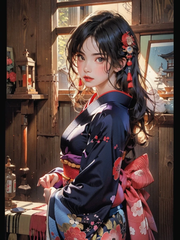 (highest quality、8k、32k、masterpiece)、(masterpiece, up to date,Exceptional:1.2), Anime, One girl,Front hair,black_hair, Beautiful 8k eyes,Looking_in_Audience,One person in,Are standing,((Very beautiful woman, Fuller lips, Japanese pintern kimono))、((Colorful Japanese kimono)))、(((Medium Shot)))、Blunt bung、(High resolution)、Very beautiful face and eyes、1 girl 、Round and small face、Narrow waist、delicine body、(highest quality high detail Rich skin details)、(highest quality、8k、Oil paints:1.2)、Very detailed、(Realistic、Realistic:1.37)、Bright colors、(((blackhair)))、(((longhair)))、(((cowboy pictures)))、((( Inside an old Japanese house)))、(masterpiece, highest quality, highest quality, Official Art, beautifully、aesthetic:1.2), (One girl), Very detailedな,(Fractal Art:1.3),colorful,Most detailed,Sengoku period(High resolution)、Very beautiful face and eyes、1 girl 、Round and small face、Tight waist、Delicine body、(highest quality high detail Rich skin details)、(highest quality、8k、Oil paints:1.2)、(Realistic、Realistic:1.37)、Greg Rutkowski Written by Alphonse Mucha Ropp, sun lips