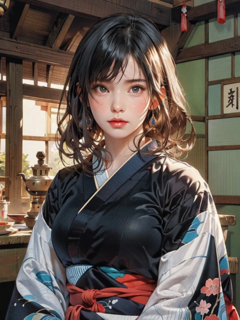(highest quality、8k、32k、masterpiece)、(masterpiece, up to date,Exceptional:1.2), Anime, One girl,Front hair,black_hair, Beautiful 8k eyes,Looking_in_Audience,One person in,Are standing,((Very beautiful woman, Fuller lips, Japanese pintern kimono))、((Colorful Japanese kimono)))、(((Medium Shot)))、Blunt bung、(High resolution)、Very beautiful face and eyes、1 girl 、Round and small face、Narrow waist、delicine body、(highest quality high detail Rich skin details)、(highest quality、8k、Oil paints:1.2)、Very detailed、(Realistic、Realistic:1.37)、Bright colors、(((blackhair)))、(((longhair)))、(((cowboy pictures)))、((( Inside an old Japanese house)))、(masterpiece, highest quality, highest quality, Official Art, beautifully、aesthetic:1.2), (One girl), Very detailedな,(Fractal Art:1.3),colorful,Most detailed,Sengoku period(High resolution)、Very beautiful face and eyes、1 girl 、Round and small face、Tight waist、Delicine body、(highest quality high detail Rich skin details)、(highest quality、8k、Oil paints:1.2)、(Realistic、Realistic:1.37)、Greg Rutkowski Written by Alphonse Mucha Ropp, sun lips