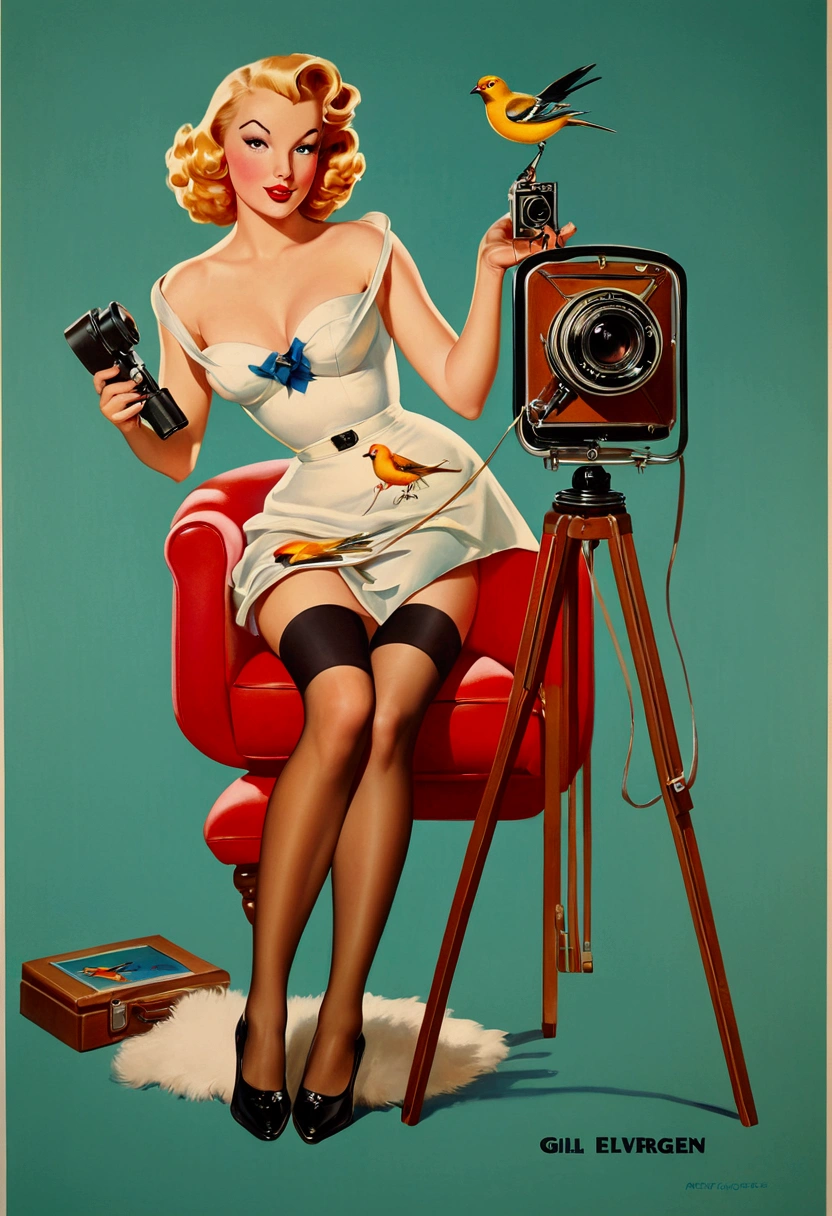 painting of a woman sitting in a chair with a camera and a bird, Artgerm e Gil Elvgren, gil elvgren style, Poster, Poster, Poster art, Poster, vintage Poster, Poster girl, Poster poster girl, Poster girl, Poster, Poster girl, Gill Elvgren, girl Poster