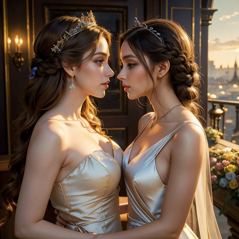 (​masterpiece, best quality:1.5), highest quality, High resolution, super detailed, Realists, Upper body photo of brunette woman, detailed and beautiful eyes, beautiful detailed lips, very detailed eyes and face, longeyelashes, Woman in short dress made of shiny satin fabric, Beautiful and colorful makeup, elegant and noble々Pose,shiny crown and jewels, Gardens as background, soft daylight, bright colors, fine brushstrokes, Portrait style, Simple details in the dress fabric, beautiful color palette, glowing skin, First-class rendering, that captures every detail, enchanting atmosphere, subtle shadows and lights, (perfect anatomy:1.2), (The two stunning women are deeply in love:1.4), (kiss:1.2), (magnificent panorama view:1.2)