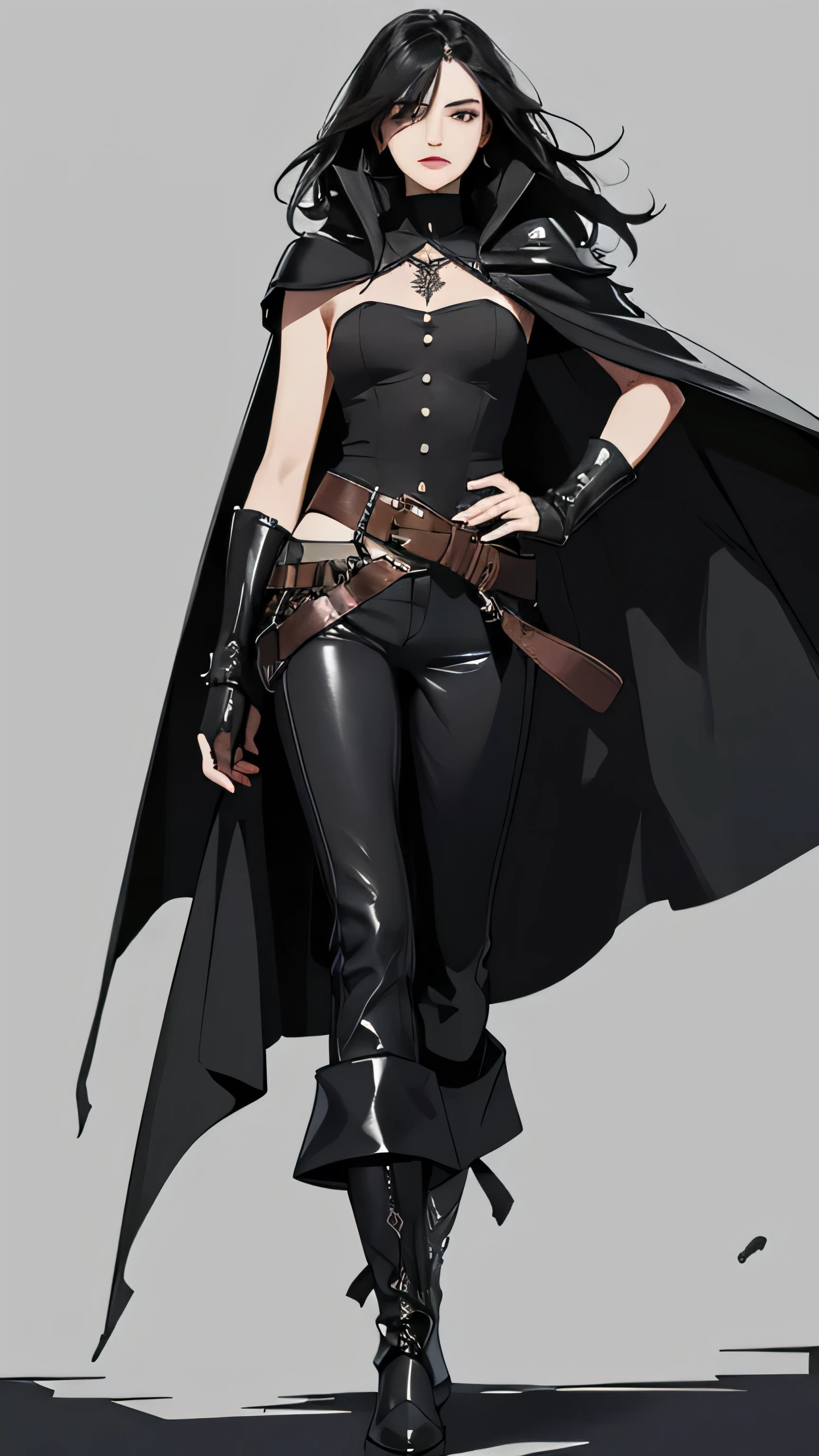 Detailed creation of a character with medieval aesthetics, very loose leather and animal skin clothes to protect from the cold. Concept art anime. A 20-year-old girl/woman, very white skin, intense green eyes, arched eyebrows, short black hair, neck length, bangs above the eyebrow, and side strands a little longer than the rest of the hair. She wears a voluminous black leather coat with silver details, shoulder length, the coat has a layer of fuzzy fur, to warm the neck and to protect from the cold, it is also complemented by a long cape. Medieval vests for the bitter winter. The outfit is decorated with rich silver pieces and buttons, with a belt running from the shoulder to the waist, to hold the cape. He also wears loose-fitting black linen pants and black leather boots with iron toes.