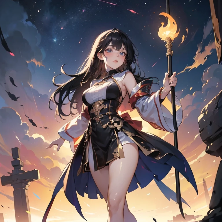 ​(Highest quality, 8k, masterpiece:1.3,beautiful girl), (masterpiece:1.3, Highest quality, Ultra-high resolution, Very detailed),Beautiful body, Beautiful breasts, Beautiful thighs, Beautiful legs, Beautiful fingers, Glowing Skin,(((Long Hair,Black Hair,Beautiful Hair))),(Perfect Anatomy, Anatomically correct, Very detailed肌), Cute and symmetrical face, Perfect Face, Perfect Eyes, ((Perfect Fingers, Five Fingers)), (((whole body,Draw the whole thing)))((Two Arms,Two legs)),Large Breasts,(((Wizard,Black Dress,Big walking stick))),Starry Sky,crowd