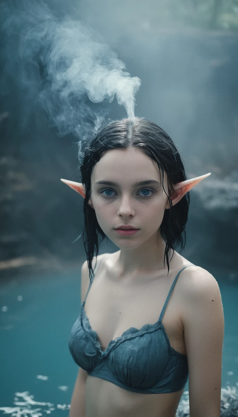 analog film photo, photo of a young drow girl, 18 years-old, drow, elf ears, long pointy ears, ruby red eyes, blue skin, blue complexion, raven hair, pretty, natural beauty, wearing linen undergarments, posing in a sulfuric hot spring, surrounded by steam, RAW Photograph, dslr, soft lighting, high quality, film grain, Fujifilm XT3, detailed skin with visible pores, insane details, masterpiece, 8k, 35mm photograph, dslr, faded film, desaturated, grainy, vintage, Kodachrome, Lomography, stained, highly detailed, found footage, close-up shot, elven ears
