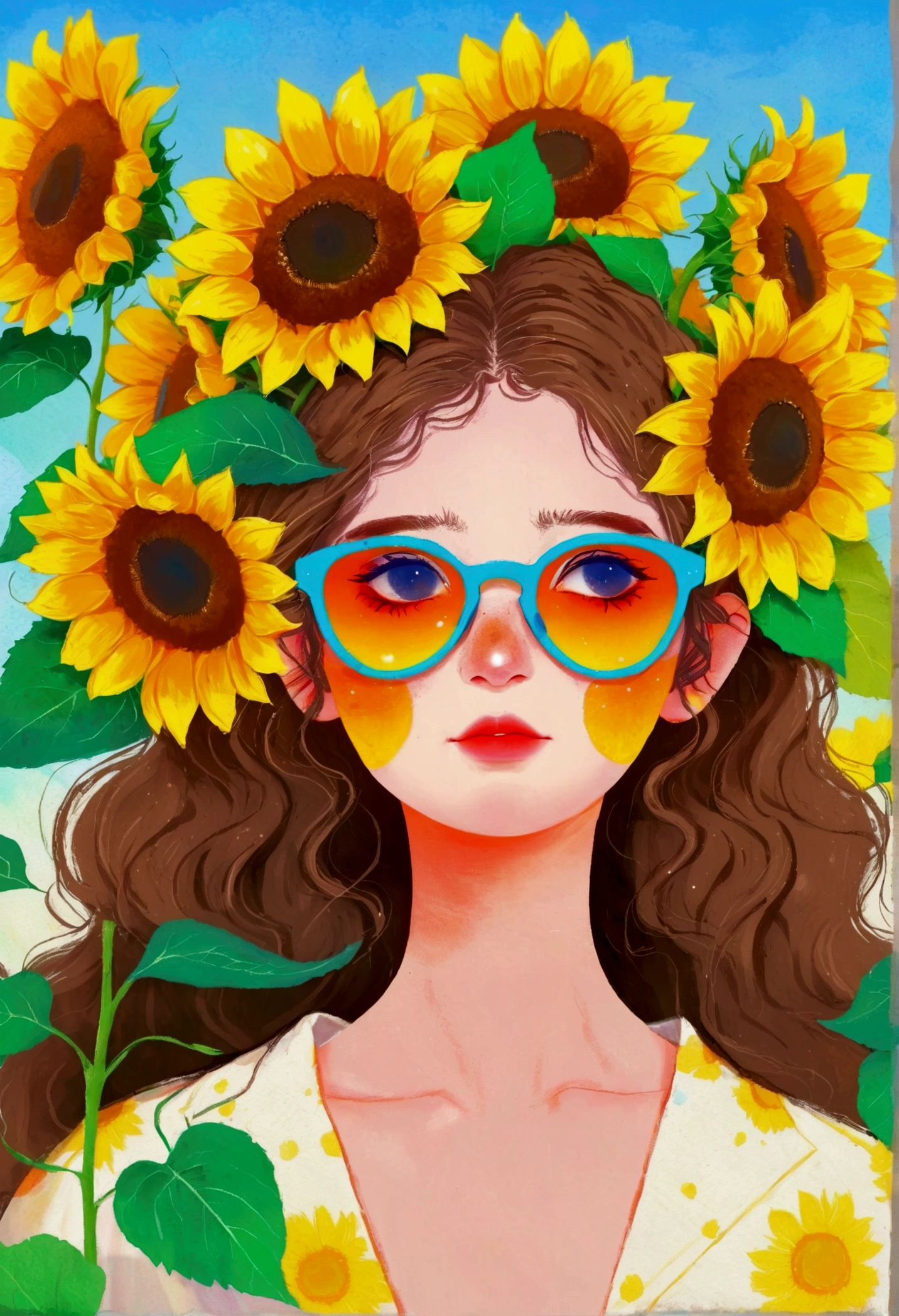 a woman with sunflowers on her head and sunglasses on her face, beautiful sunflower anime girl, hand painted cartoon art style, trending on artstration, beautiful digital illustration, in style of digital illustration, realistic cute girl painting, cute art style, orange halo around her head, wavy hair yellow theme, procreate illustration, matte digital illustration, vector art style, digital art illustration
