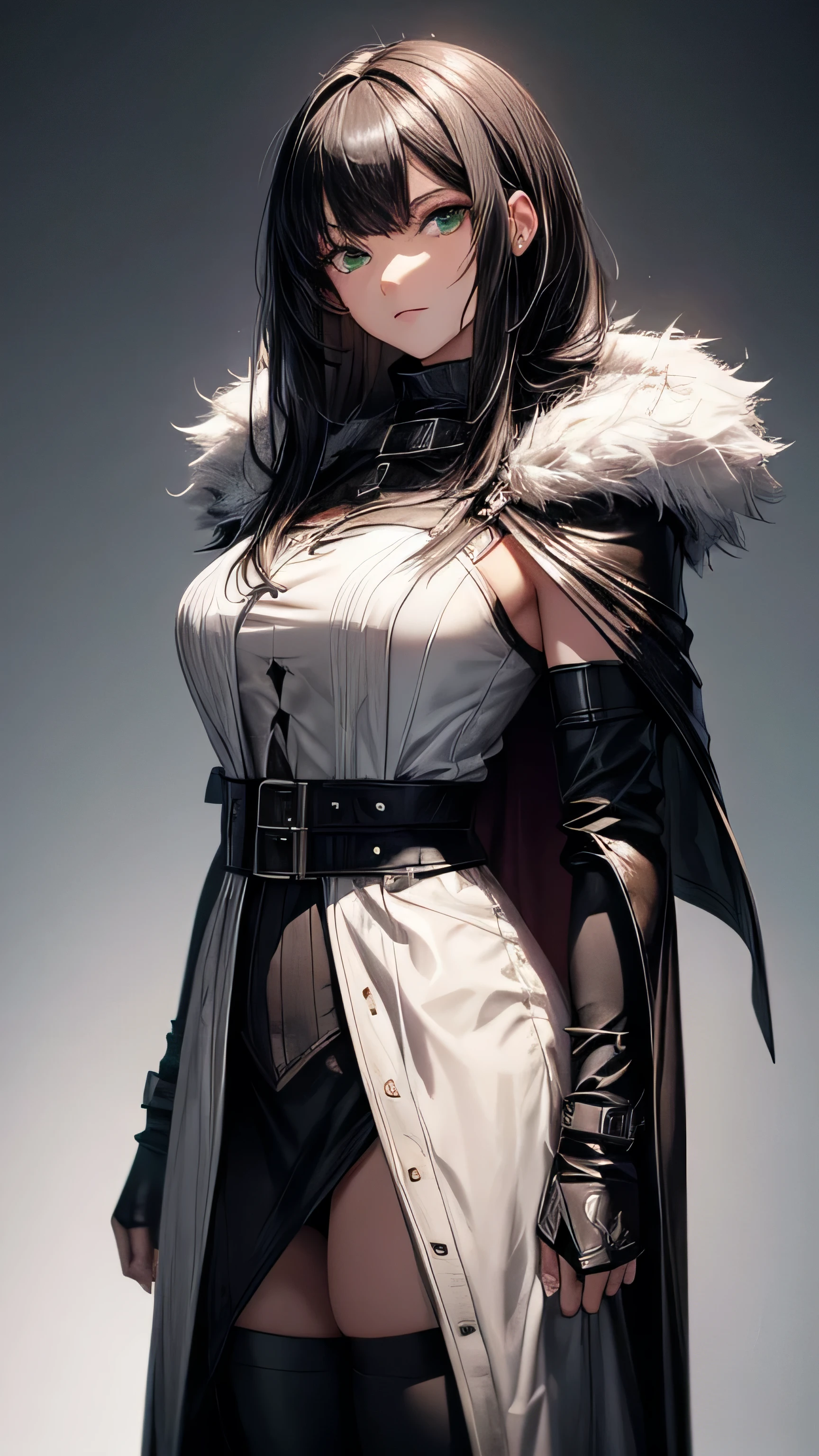 (masterpiece:2.2, best quality:4.0, beautiful, high quality, highres:4.1, aesthetic), detailed, extremely detailed, ambient soft lighting, 4K, perfect eyes, perfect face, perfect lighting, 1girl, bangs, black dress, black hair, breasts, covered navel, dress, fubuki \(one-punch man\), fur coat, green eyes, jewelry, large breasts, lips, looking at viewer, necklace, pearl necklace, short hair, background, solo, sweater, thighs, turtleneck, turtleneck dress. Fubuki One Punch Man usando um vestido preto e uma faixa em seus olhos