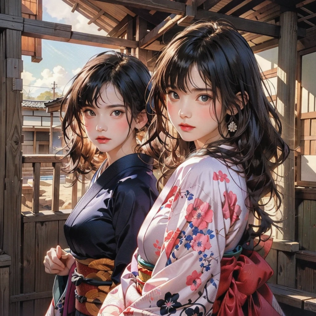 (highest quality、8k、32k、masterpiece)、(masterpiece, up to date,Exceptional:1.2), Anime, One girl,Front hair,black_hair, Beautiful 8k eyes,Looking_in_Audience,One person in,Are standing,((Very beautiful woman, Fuller lips, Japanese pintern kimono))、((Colorful Japanese kimono)))、(((Medium Shot)))、Blunt bung、(High resolution)、Very beautiful face and eyes、1 girl 、Round and small face、Narrow waist、delicine body、(highest quality high detail Rich skin details)、(highest quality、8k、Oil paints:1.2)、Very detailed、(Realistic、Realistic:1.37)、Bright colors、(((blackhair)))、(((longhair)))、(((cowboy pictures)))、((( Inside an old Japanese house)))、(masterpiece, highest quality, highest quality, Official Art, beautifully、aesthetic:1.2), (One girl), Very detailedな,(Fractal Art:1.3),colorful,Most detailed,Sengoku period(High resolution)、Very beautiful face and eyes、1 girl 、Round and small face、Tight waist、Delicine body、(highest quality high detail Rich skin details)、(highest quality、8k、Oil paints:1.2)、(Realistic、Realistic:1.37)、Greg Rutkowski Written by Alphonse Mucha Ropp, sun lips