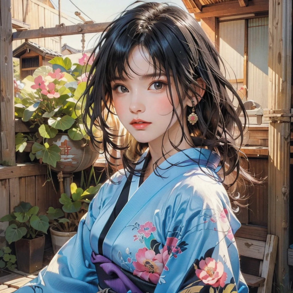 (highest quality、8k、32k、masterpiece)、(masterpiece, up to date,Exceptional:1.2), Anime, One girl,Front hair,black_hair, Beautiful 8k eyes,Looking_in_Audience,One person in,Are standing,((Very beautiful woman, Fuller lips, Japanese pintern kimono))、((Colorful Japanese kimono)))、(((Medium Shot)))、Blunt bung、(High resolution)、Very beautiful face and eyes、1 girl 、Round and small face、Narrow waist、delicine body、(highest quality high detail Rich skin details)、(highest quality、8k、Oil paints:1.2)、Very detailed、(Realistic、Realistic:1.37)、Bright colors、(((blackhair)))、(((longhair)))、(((cowboy pictures)))、((( Inside an old Japanese house)))、(masterpiece, highest quality, highest quality, Official Art, beautifully、aesthetic:1.2), (One girl), Very detailedな,(Fractal Art:1.3),colorful,Most detailed,Sengoku period(High resolution)、Very beautiful face and eyes、1 girl 、Round and small face、Tight waist、Delicine body、(highest quality high detail Rich skin details)、(highest quality、8k、Oil paints:1.2)、(Realistic、Realistic:1.37)、Greg Rutkowski Written by Alphonse Mucha Ropp, sun lips