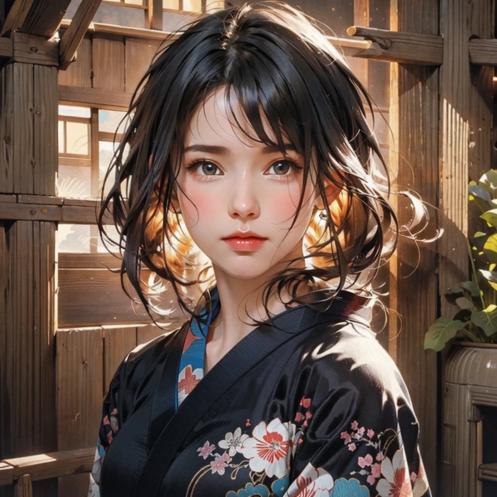 (highest quality、8k、32k、masterpiece)、(masterpiece, up to date,Exceptional:1.2), Anime, One girl,Front hair,black_hair, Beautiful 8k eyes,Looking_in_Audience,One person in,Are standing,((Very beautiful woman, Fuller lips, Japanese pintern kimono))、((Colorful Japanese kimono)))、(((Medium Shot)))、Blunt bung、(High resolution)、Very beautiful face and eyes、1 girl 、Round and small face、Narrow waist、delicine body、(highest quality high detail Rich skin details)、(highest quality、8k、Oil paints:1.2)、Very detailed、(Realistic、Realistic:1.37)、Bright colors、(((blackhair)))、(((longhair)))、(((cowboy pictures)))、((( Inside an old Japanese house)))、(masterpiece, highest quality, highest quality, Official Art, beautifully、aesthetic:1.2), (One girl), Very detailedな,(Fractal Art:1.3),colorful,Most detailed,Sengoku period(High resolution)、Very beautiful face and eyes、1 girl 、Round and small face、Tight waist、Delicine body、(highest quality high detail Rich skin details)、(highest quality、8k、Oil paints:1.2)、(Realistic、Realistic:1.37)、Greg Rutkowski Written by Alphonse Mucha Ropp, sun lips