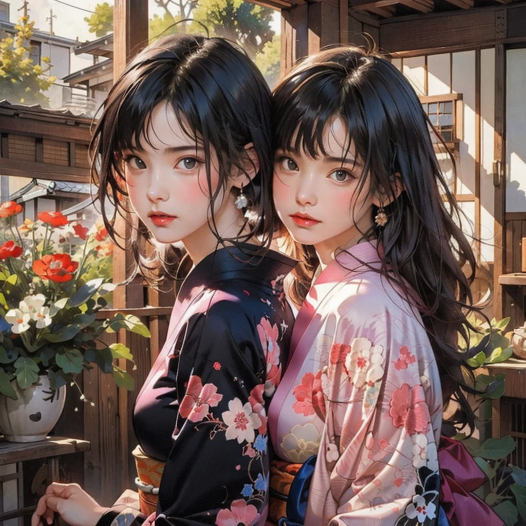 (highest quality、8k、32k、masterpiece)、(masterpiece, up to date,Exceptional:1.2), Anime, One girl,Front hair,black_hair, Beautiful 8k eyes,Looking_in_Audience,One person in,Are standing,((Very beautiful woman, Fuller lips, Japanese pintern kimono))、((Colorful Japanese kimono)))、(((Medium Shot)))、Blunt bung、(High resolution)、Very beautiful face and eyes、1 girl 、Round and small face、Narrow waist、delicine body、(highest quality high detail Rich skin details)、(highest quality、8k、Oil paints:1.2)、Very detailed、(Realistic、Realistic:1.37)、Bright colors、(((blackhair)))、(((longhair)))、(((cowboy pictures)))、((( Inside an old Japanese house)))、(masterpiece, highest quality, highest quality, Official Art, beautifully、aesthetic:1.2), (One girl), Very detailedな,(Fractal Art:1.3),colorful,Most detailed,Sengoku period(High resolution)、Very beautiful face and eyes、1 girl 、Round and small face、Tight waist、Delicine body、(highest quality high detail Rich skin details)、(highest quality、8k、Oil paints:1.2)、(Realistic、Realistic:1.37)、Greg Rutkowski Written by Alphonse Mucha Ropp, sun lips