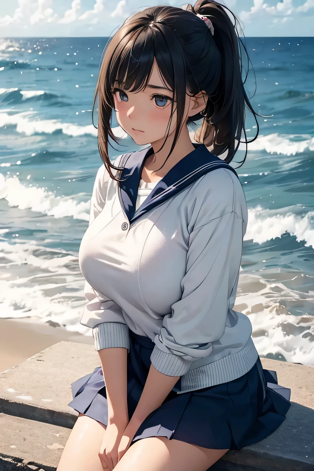 highest quality、High resolution、detailed background、Super detailed、beautiful and detailed face、beautiful and smooth skin、skin texture、professional lighting、Beautiful  girl、(huge breasts:1.3)、braided hairstyles、((white thin sexy sailor shirt、Wet白い薄いプリーツのミニスカート))、Thin white knee high socks、sleeveless、emphasize the chest、underboob、legs open、panty shot、cute、Raise your arms and show your sides、Thin white panties、lying on the beach、No bra、
全身がWet、My clothes are Wet and transparent、Wet、soak in water、See through、
He looked at me with a happy expression.、smile、sexual expression、panty shot、camel toe