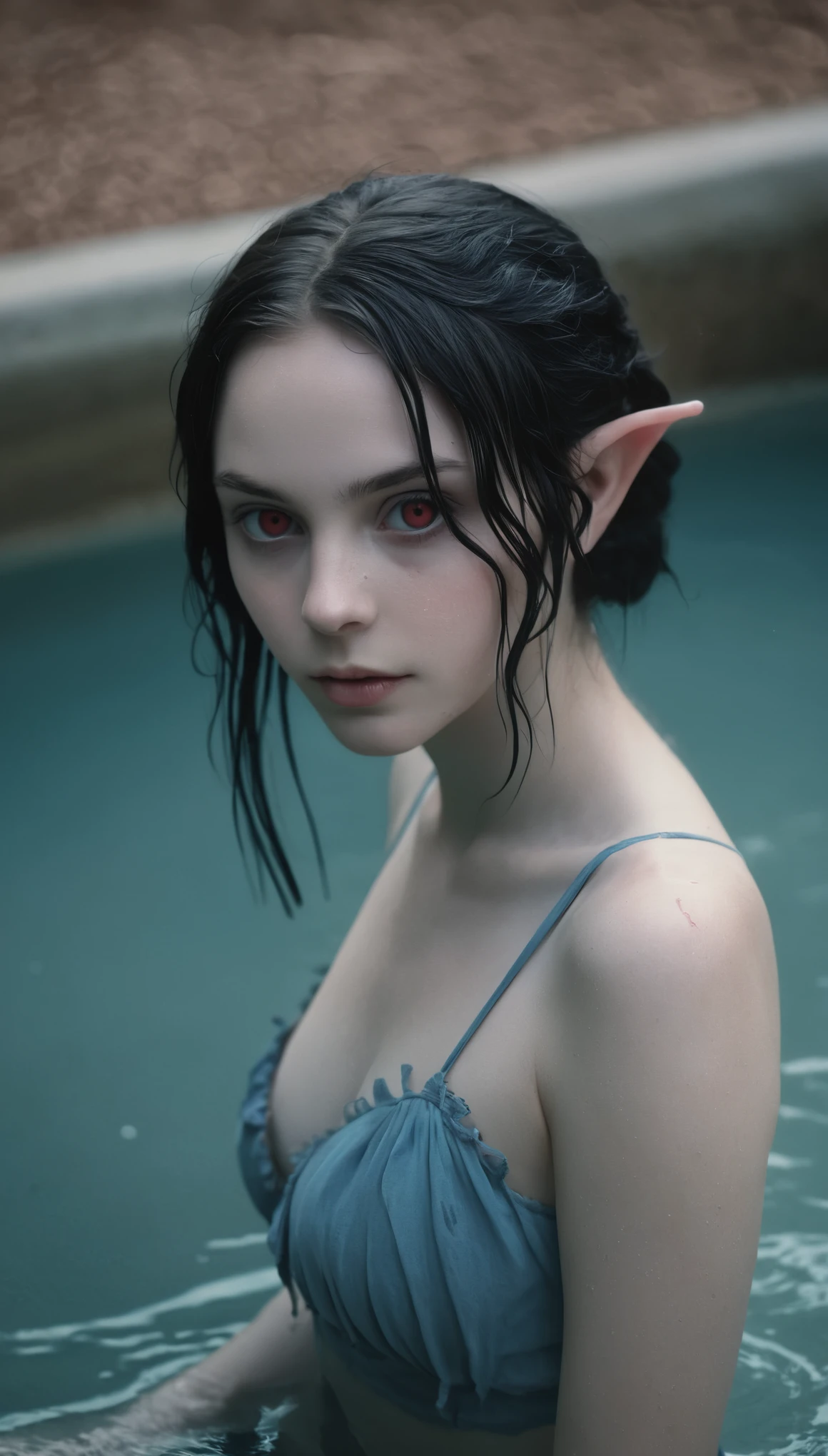 analog film photo, photo of a young drow girl, 18 years-old, drow, elf ears, long pointy ears, ruby red eyes, blue skin, blue complexion, raven hair, pretty, natural beauty, wearing linen undergarments, posing in a steamy sulfur pool, RAW Photograph, dslr, soft lighting, high quality, film grain, Fujifilm XT3, detailed skin with visible pores, insane details, masterpiece, 8k, 35mm photograph, dslr, faded film, desaturated, grainy, vintage, Kodachrome, Lomography, stained, highly detailed, found footage, close-up shot, elven ears