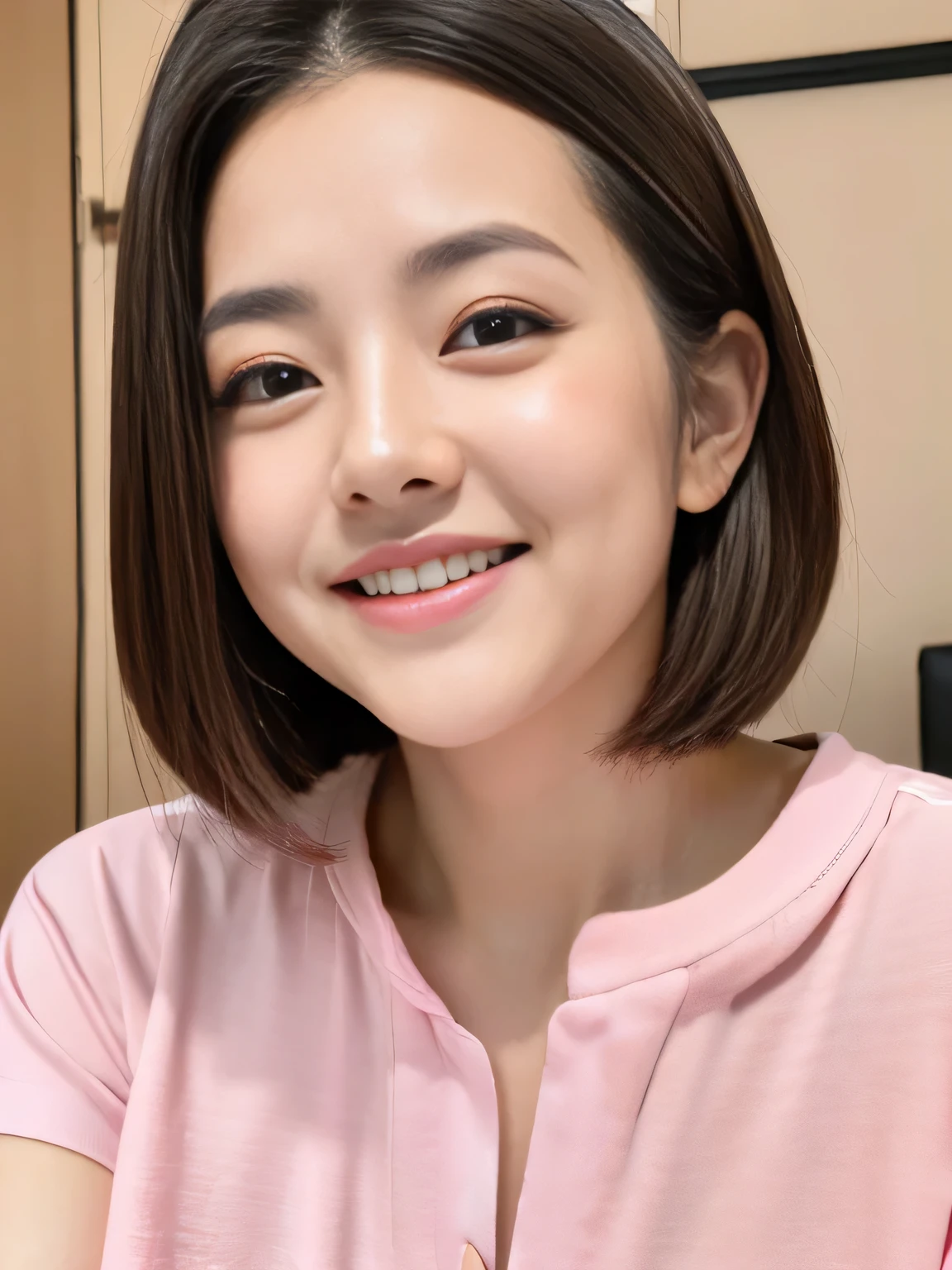 One Japanese woman、28 years old、Having at the camera、Looking at the camera、Open-mouthed smile、Plain T-shirt、Perfect Makeup、Thin eyebrows、Lip gloss、Border Depth、Close-up、uhd、Skin Texture、Super Detail、Highest quality、8k、Sharp focus、Professional Lighting、Bedroom at home、