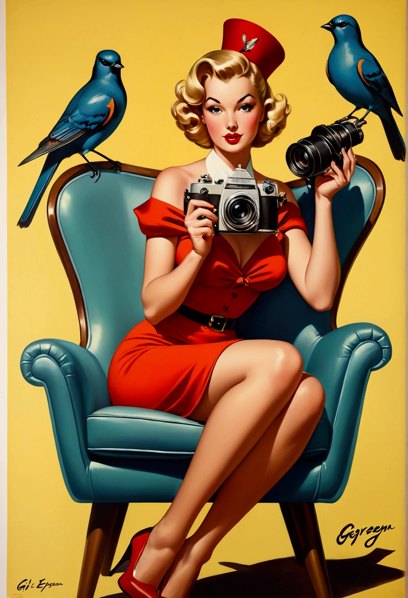 painting of a woman sitting in a chair with a camera and a bird, Artgerm and Gil Elvgren, Gil Elvgren Style, poster, poster, poster art, poster, vintage poster, poster girl, poster poster girl, poster girl, poster, poster girl, Gill Elvgren, girl poster