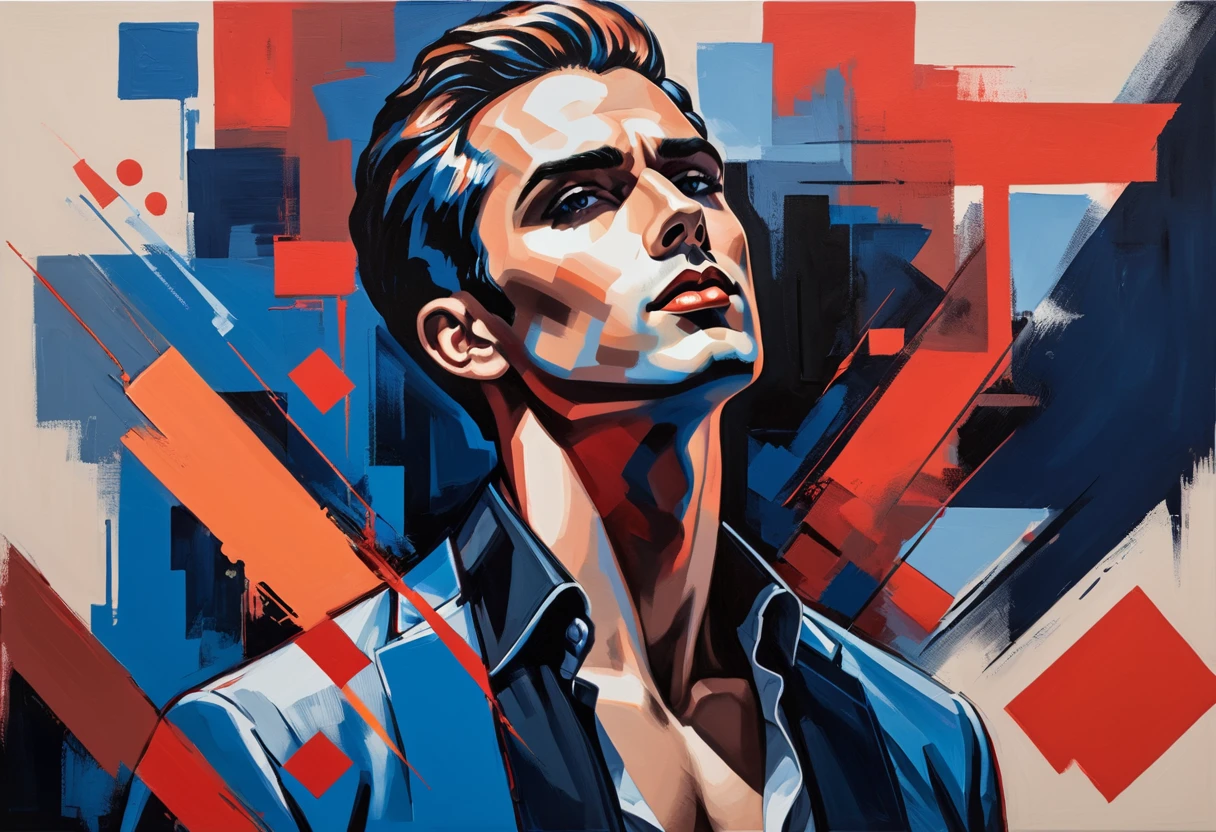 Create a contemporary portrait of a man with sharp features, using a bold and graphic style. Use vibrant, contrasting colors with a strong emphasis on red and blue hues. The background should be a neutral, pale beige or light peach color. The face should be at a slight angle, with clean lines and blocks of color to define the facial structure. Ensure the expression is intense, and the overall composition has a modern, pop-art feel. The painting should capture the interplay between light and shadow with striking contrasts.