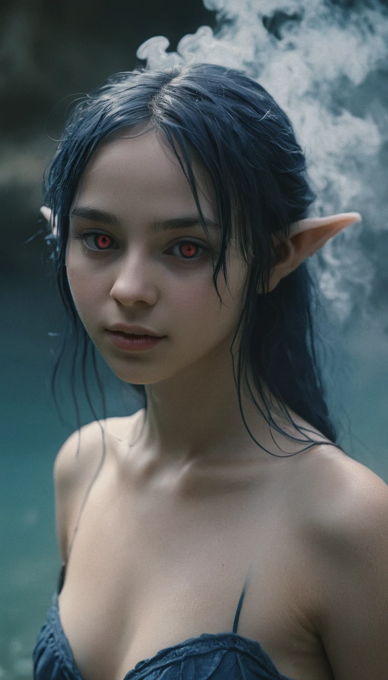 analog film photo, photo of a young drow girl, 18 years-old, drow, elf ears, long pointy ears, ruby red eyes, deep blue skin, deep blue complexion, raven hair, pretty, natural beauty, wearing linen undergarments, posing in a sulfuric hot spring, surrounded by steam, RAW Photograph, dslr, soft lighting, high quality, film grain, Fujifilm XT3, detailed skin with visible pores, insane details, masterpiece, 8k, 35mm photograph, dslr, faded film, desaturated, grainy, vintage, Kodachrome, Lomography, stained, highly detailed, found footage, close-up shot, elven ears