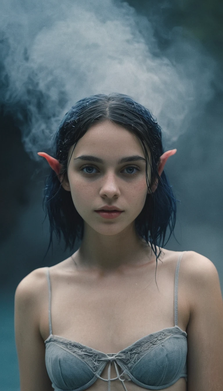 analog film photo, photo of a young drow girl, 18 years-old, drow, elf ears, long pointy ears, ruby red eyes, blue skin, blue complexion, raven hair, pretty, natural beauty, wearing linen undergarments, posing in a steamy sulfur pool, RAW Photograph, dslr, soft lighting, high quality, film grain, Fujifilm XT3, detailed skin with visible pores, insane details, masterpiece, 8k, 35mm photograph, dslr, faded film, desaturated, grainy, vintage, Kodachrome, Lomography, stained, highly detailed, found footage, close-up shot, elven ears