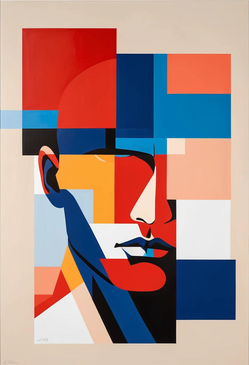 Create a contemporary portrait of a man with sharp features, using a bold and graphic style. Use vibrant, contrasting colors with a strong emphasis on red and blue hues. The background should be a neutral, pale beige or light peach color. The face should be at a slight angle, with clean lines and blocks of color to define the facial structure. Ensure the expression is intense, and the overall composition has a modern, pop-art feel. The painting should capture the interplay between light and shadow with striking contrasts.