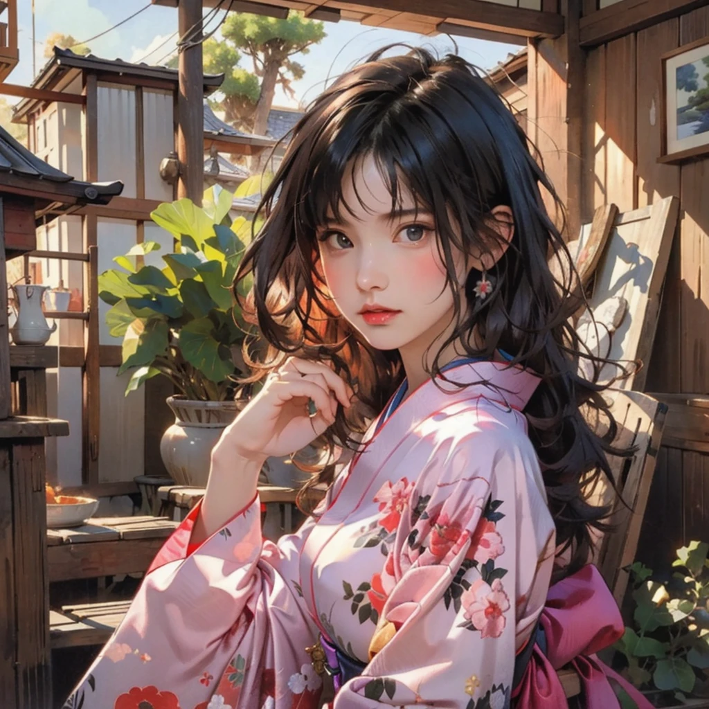 (highest quality、8k、32k、masterpiece)、(masterpiece, up to date,Exceptional:1.2), Anime, One girl,Front hair,black_hair, Beautiful 8k eyes,Looking_in_Audience,One person in,Are standing,((Very beautiful woman, Fuller lips, Japanese pintern kimono))、((Colorful Japanese kimono)))、(((Medium Shot)))、Blunt bung、(High resolution)、Very beautiful face and eyes、1 girl 、Round and small face、Narrow waist、delicine body、(highest quality high detail Rich skin details)、(highest quality、8k、Oil paints:1.2)、Very detailed、(Realistic、Realistic:1.37)、Bright colors、(((blackhair)))、(((longhair)))、(((cowboy pictures)))、((( Inside an old Japanese house)))、(masterpiece, highest quality, highest quality, Official Art, beautifully、aesthetic:1.2), (One girl), Very detailedな,(Fractal Art:1.3),colorful,Most detailed,Sengoku period(High resolution)、Very beautiful face and eyes、1 girl 、Round and small face、Tight waist、Delicine body、(highest quality high detail Rich skin details)、(highest quality、8k、Oil paints:1.2)、(Realistic、Realistic:1.37)、Greg Rutkowski Written by Alphonse Mucha Ropp, sun lips