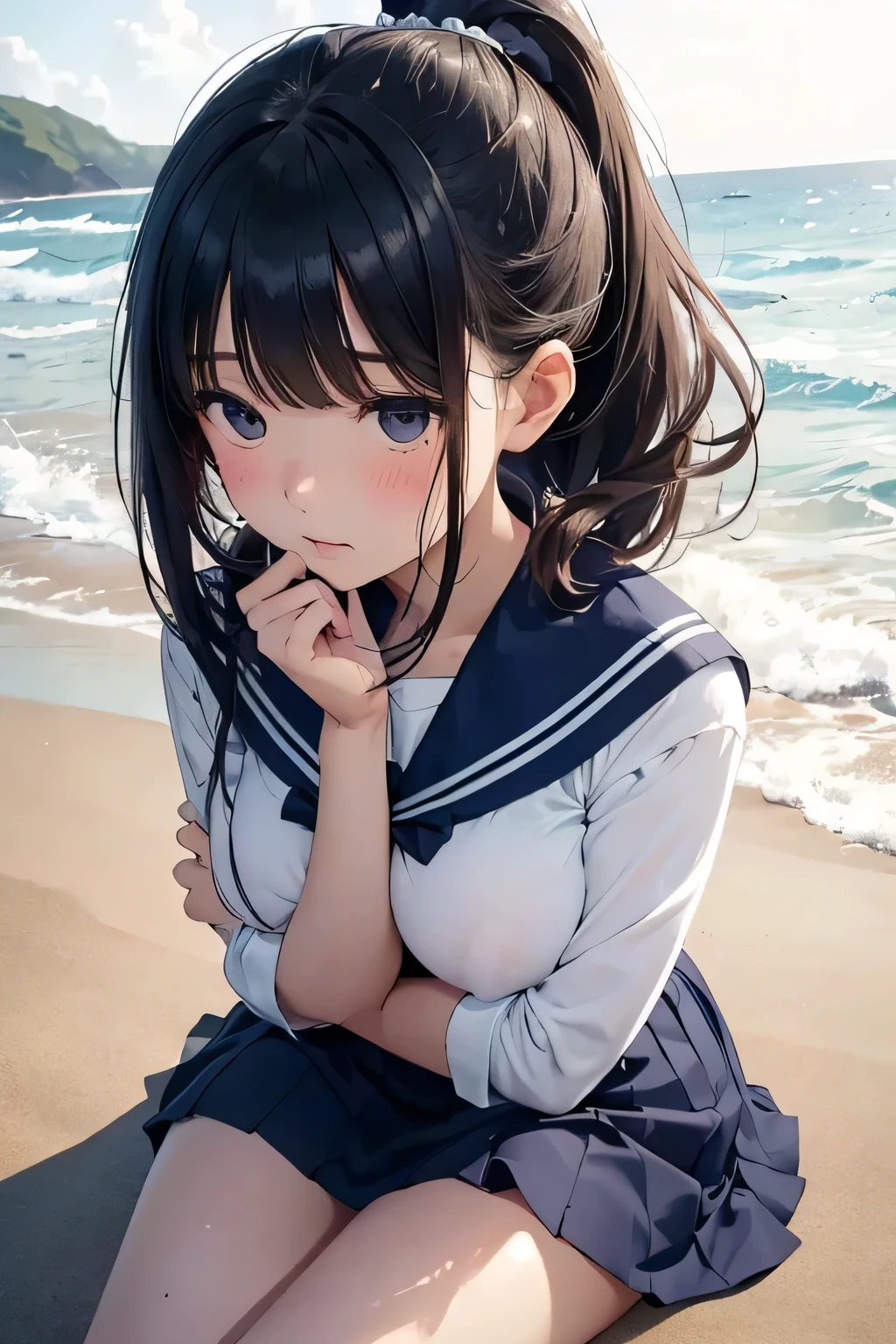 Highest quality、High resolution、Detailed Background、(Beautiful face in every detail:1.4)、Anatomically correct、Highly detailed face、Detailed eyes、age beauty、(Huge breasts:1.2)、Perfect body line、Light color hair、Bobcut、ponytail、Wavy Hairstyle、well-groomed eyebrows、Shiny navy blue sailor suit、White sailor collar、Navy blue pleated skirt、School Cardigan、White Stockings、A melancholy atmosphere、
The seaside covered in a dark grey sky、My hair swaying in the wind、It highlights the girl's lonely expression.、The figure of a girl walking slowly alone on the beach seems to symbolize the loneliness of autumn.、
While being blown by the sea breeze、There seems to be a sadness in the eyes of the girl as she silently gazes into the distance.、The back of the girl standing facing the sea seems to speak of loneliness and solitude.、Girl sitting on the beach、The sight of her curled up, hugging her knees, makes me feel like she is carrying a heavy burden inside her.、The tears that occasionally run down my cheeks seem to symbolize the loneliness of autumn.、The girl's gloomy expression stands out in a landscape dominated by cool colors.、The sight of a girl standing quietly alone awakens the loneliness of autumn deep in our hearts.、The inner loneliness of the girl reflected in the autumn sea slowly seeps into the viewer's heart.