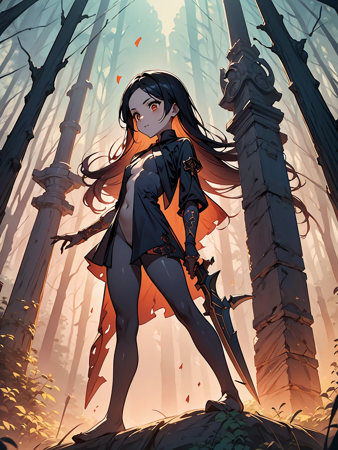 (((masterpiece, best quality, high detailed, 8k))) Design a layout showcase Gaming character, (1girl). Black|Gold clothes, stylish and unique. ((showcase weapon:1.4)), dark scythe. (masterpiece:1.2), (best quality), 4k, ultra-detailed. (Step by step design, layout art:1.5), (luminous lighting, atmospheric lighting). necromancer, ((glove full hands)), (((revealing clothes:1.3))), vambraces, armored legwear, (((full_body_shot:1.4))). {In a haunted graveyard}.