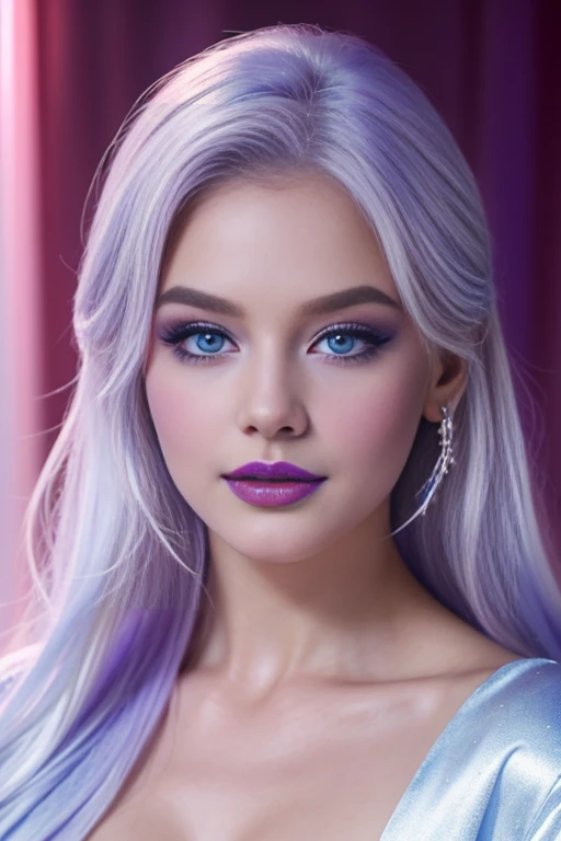 (Masterpiece, Top Quality, Best Quality, Official Art: 1.2), (1 woman), Full portrait of the most beautiful, sexy ethereal woman with snow-white hair, pastel highlights, framing a face of extreme detail and elegance. Frosty blue eyes are adorned with blue eyeshadow, complementing the blue jewels on her forehead. Long lashes and double eyelids are accentuated with dark purple mascara. Rosy cheeks add a touch of warmth to her ethereal beauty, and her glossy skin shines in the cinematic light, highlighting each and every realistic pore and wrinkle. Full sexy lips, painted with purple lipstick, complement