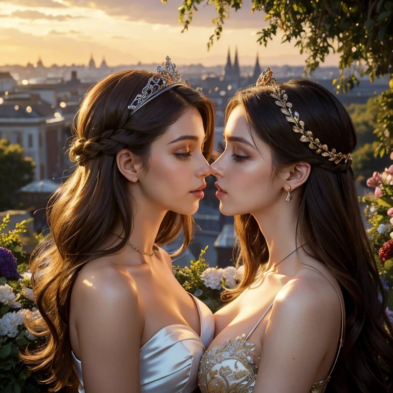 (masterpiece, best quality:1.5), highest quality, High resolution, super detailed, Realists, Upper body photo of brunette woman, detailed and beautiful eyes, beautiful detailed lips, very detailed eyes and face, longeyelashes, Woman in shiny satin evening dress, Beautiful and colorful makeup, long hairstyle, elegant and noble々Pose,shiny crown and jewels, Gardens as background, soft daylight, bright colors, fine brushstrokes, Portrait style, Noble details in the dress fabric, beautiful color palette, glowing skin, First-class rendering, that captures every detail, enchanting atmosphere, subtle shadows and lights, (perfect anatomy:1.2), (Two stunning women are deeply in love:1.4), (kiss:1.2), (magnificent panorama view:1.2)