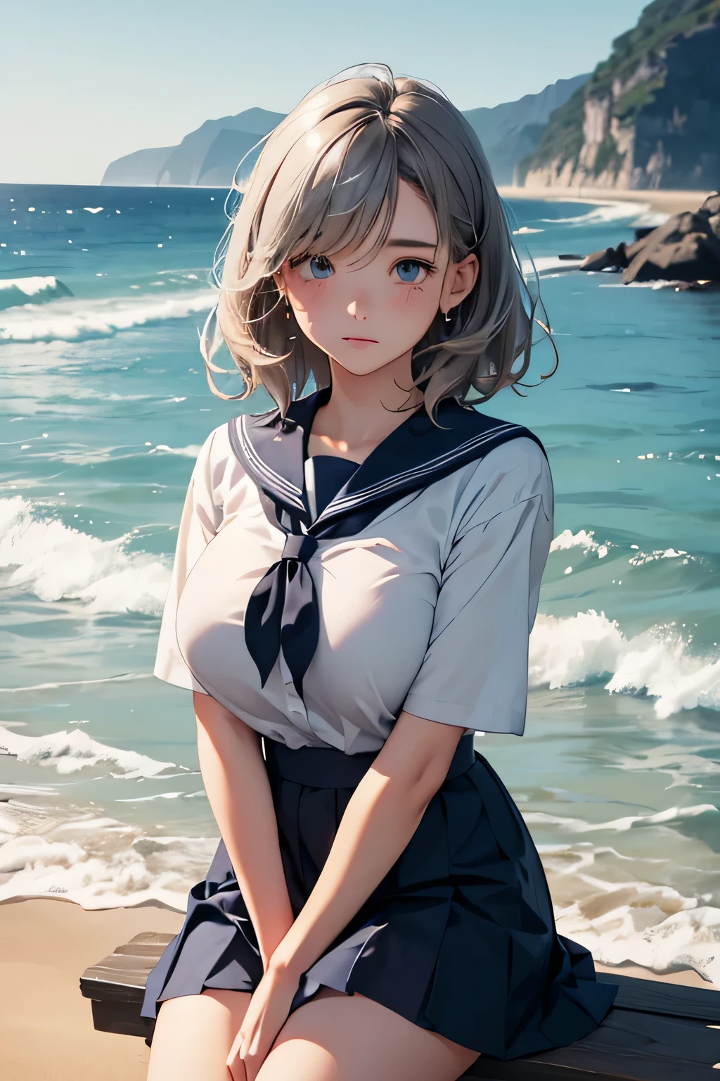 Highest quality、High resolution、Detailed Background、(Beautiful face in every detail:1.4)、Anatomically correct、Highly detailed face、Detailed eyes、age beauty、(Huge breasts:1.2)、Perfect body line、Light color hair、Bobcut、Wavy Hairstyle、well-groomed eyebrows、Shiny navy blue sailor suit、White sailor collar、Navy blue pleated skirt、School Cardigan、White Stockings、A melancholy atmosphere、
The seaside covered in a dark grey sky、My hair swaying in the wind、It highlights the girl's lonely expression.、The figure of a girl walking slowly alone on the beach seems to symbolize the loneliness of autumn.、
While being blown by the sea breeze、There seems to be a sadness in the eyes of the girl as she silently gazes into the distance.、The back of the girl standing facing the sea seems to speak of loneliness and solitude.、Girl sitting on the beach、The sight of her curled up, hugging her knees, makes me feel like she is carrying a heavy burden inside her.、The tears that occasionally run down my cheeks seem to symbolize the loneliness of autumn.、The girl's gloomy expression stands out in a landscape dominated by cool colors.、The sight of a girl standing quietly alone awakens the loneliness of autumn deep in our hearts.、The inner loneliness of the girl reflected in the autumn sea slowly seeps into the viewer's heart.