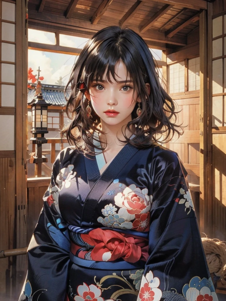(highest quality、8k、32k、masterpiece)、(masterpiece, up to date,Exceptional:1.2), Anime, One girl,Front hair,black_hair, Beautiful 8k eyes,Looking_in_Audience,One person in,Are standing,((Very beautiful woman, Fuller lips, Japanese pintern kimono))、((Colorful Japanese kimono)))、(((Medium Shot)))、Blunt bung、(High resolution)、Very beautiful face and eyes、1 girl 、Round and small face、Narrow waist、delicine body、(highest quality high detail Rich skin details)、(highest quality、8k、Oil paints:1.2)、Very detailed、(Realistic、Realistic:1.37)、Bright colors、(((blackhair)))、(((longhair)))、(((cowboy pictures)))、((( Inside an old Japanese house)))、(masterpiece, highest quality, highest quality, Official Art, beautifully、aesthetic:1.2), (One girl), Very detailedな,(Fractal Art:1.3),colorful,Most detailed,Sengoku period(High resolution)、Very beautiful face and eyes、1 girl 、Round and small face、Tight waist、Delicine body、(highest quality high detail Rich skin details)、(highest quality、8k、Oil paints:1.2)、(Realistic、Realistic:1.37)、Greg Rutkowski Written by Alphonse Mucha Ropp, sun lips