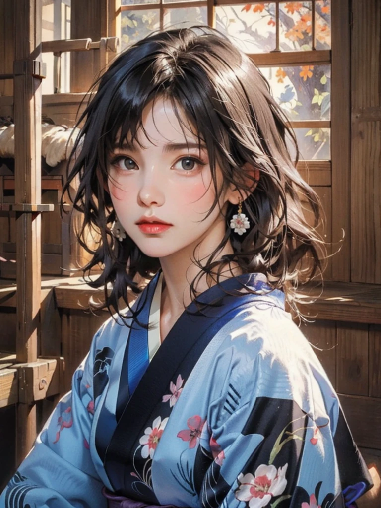 (highest quality、8k、32k、masterpiece)、(masterpiece, up to date,Exceptional:1.2), Anime, One girl,Front hair,black_hair, Beautiful 8k eyes,Looking_in_Audience,One person in,Are standing,((Very beautiful woman, Fuller lips, Japanese pintern kimono))、((Colorful Japanese kimono)))、(((Medium Shot)))、Blunt bung、(High resolution)、Very beautiful face and eyes、1 girl 、Round and small face、Narrow waist、delicine body、(highest quality high detail Rich skin details)、(highest quality、8k、Oil paints:1.2)、Very detailed、(Realistic、Realistic:1.37)、Bright colors、(((blackhair)))、(((longhair)))、(((cowboy pictures)))、((( Inside an old Japanese house)))、(masterpiece, highest quality, highest quality, Official Art, beautifully、aesthetic:1.2), (One girl), Very detailedな,(Fractal Art:1.3),colorful,Most detailed,Sengoku period(High resolution)、Very beautiful face and eyes、1 girl 、Round and small face、Tight waist、Delicine body、(highest quality high detail Rich skin details)、(highest quality、8k、Oil paints:1.2)、(Realistic、Realistic:1.37)、Greg Rutkowski Written by Alphonse Mucha Ropp, sun lips