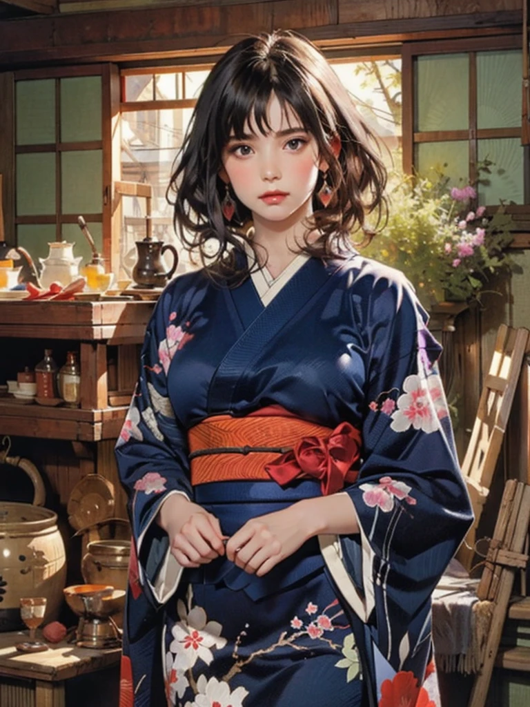 (highest quality、8k、32k、masterpiece)、(masterpiece, up to date,Exceptional:1.2), Anime, One girl,Front hair,black_hair, Beautiful 8k eyes,Looking_in_Audience,One person in,Are standing,((Very beautiful woman, Fuller lips, Japanese pintern kimono))、((Colorful Japanese kimono)))、(((Medium Shot)))、Blunt bung、(High resolution)、Very beautiful face and eyes、1 girl 、Round and small face、Narrow waist、delicine body、(highest quality high detail Rich skin details)、(highest quality、8k、Oil paints:1.2)、Very detailed、(Realistic、Realistic:1.37)、Bright colors、(((blackhair)))、(((longhair)))、(((cowboy pictures)))、((( Inside an old Japanese house)))、(masterpiece, highest quality, highest quality, Official Art, beautifully、aesthetic:1.2), (One girl), Very detailedな,(Fractal Art:1.3),colorful,Most detailed,Sengoku period(High resolution)、Very beautiful face and eyes、1 girl 、Round and small face、Tight waist、Delicine body、(highest quality high detail Rich skin details)、(highest quality、8k、Oil paints:1.2)、(Realistic、Realistic:1.37)、Greg Rutkowski Written by Alphonse Mucha Ropp, sun lips