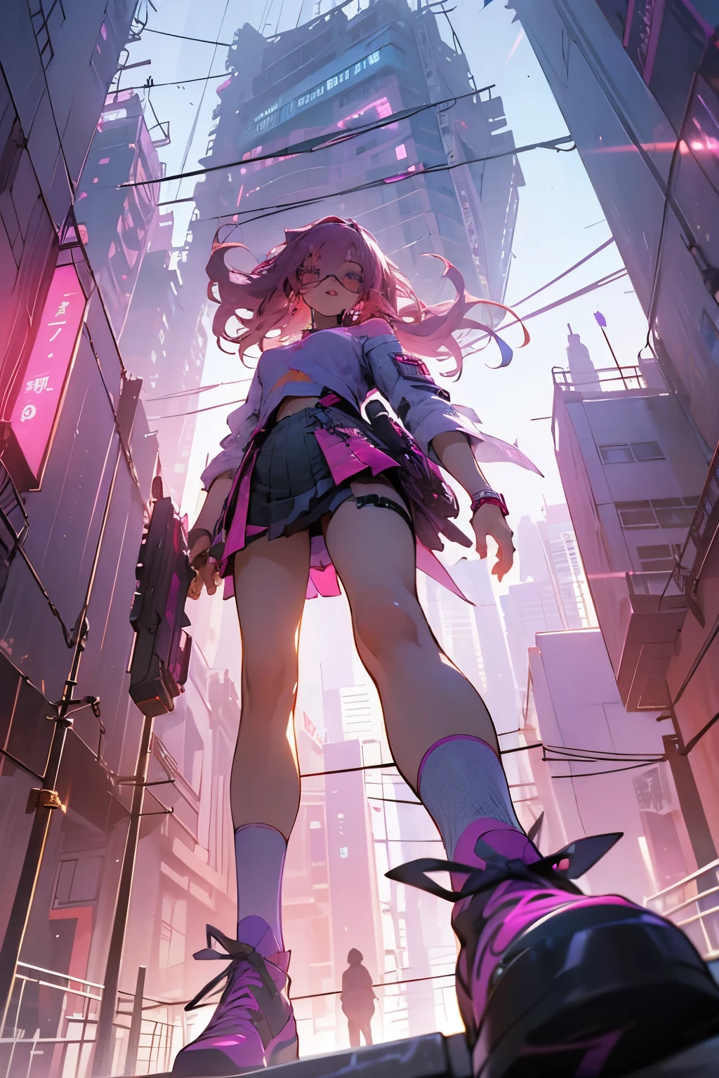 Shooting from below, break, Dystopian city with pink and purple neon signs and holograms projected on buildings and in the sky, break, Beautiful slim figure, lipstick, Purple glasses, Long Red Hair, Twin Blade, Short skirt, break, night, Cyberpunk aesthetic, 非常にdetailedな照明, dramatic, 8k, High definition, Skin Texture, リアルなSkin Texture, armor, Highest quality, 超High resolution, Photorealistic, High resolution, detailed, RAW Photos, break, Realistic anatomy, goddess, g string, Knee socks, Full Body Shot, Feet close-up, Worst camera angle, 4K