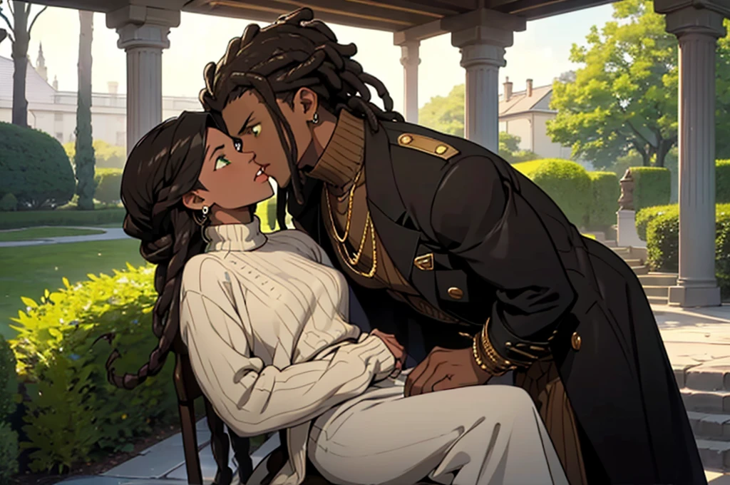 "Produce an anime-style image that celebrates love between black couples. The girl, skin black, skin black, skin black 1.5,  with black leather and fine African braids, it has ((greeneyes)) charming. Your partner, {dark-skinned and haired: 1,5}, ((dreadlocks curtos)), has expressive white eyes. Both wear loose coats with gold details., adding a touch of sophistication. Set in a garden, the scene depicts passionate kisses between them. Convey the intensity of eternal love between these black lovers, highlighting their unique characteristics and the romantic connection they share. trench coat {((stylish sweaters, super trendy, super look))}".