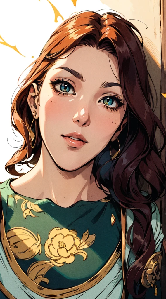 ((A teenage girl with long dark red wavy hair)), thin, raised eyebrows, sharp looking eyes, delicate features, ((a mix of Central Asian and European facial features)), a hint of a smile in the corner of the mouth, exuding confidence, her figure is slender, ((a long costume-style dress designed for ease of movement and regal elegance, Wide, comfortable pants that match your clothes to make movement easier, red and white as the main color, complemented by yellow details)), proudly standing with hands on hips, The scene is set in a majestic fantasy-style ancient city that combines Chinese and Japanese architectural influences, This character embodies a finely crafted anime-style martial arts fantasy warrior, exquisite and mature manga art style, perfect nose, perfect mouth, perfects eyes, perfect hair, perfect  skin, texturized skin, skin detailed, Porcelain Skin, High definition, best qualityer, high resolution, ultra detali, ultra-fine painting, extremely delicate, proffesional, anatomically correcte, symmetrical face, extremely detailed eye and face, high quality eyes, creativity, CRU photo, ultra HD, 32 mil, naturallight, cinematic lighting, work of art-anatomy-perfect, work of art:1.5