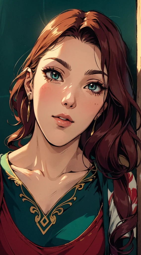 ((A teenage girl with long dark red wavy hair)), thin, raised eyebrows, sharp looking eyes, delicate features, ((a mix of Central Asian and European facial features)), a hint of a smile in the corner of the mouth, exuding confidence, her figure is slender, ((a long costume-style dress designed for ease of movement and regal elegance, Wide, comfortable pants that match your clothes to make movement easier, red and white as the main color, complemented by yellow details)), proudly standing with hands on hips, The scene is set in a majestic fantasy-style ancient city that combines Chinese and Japanese architectural influences, This character embodies a finely crafted anime-style martial arts fantasy warrior, exquisite and mature manga art style, perfect nose, perfect mouth, perfects eyes, perfect hair, perfect  skin, texturized skin, skin detailed, Porcelain Skin, High definition, best qualityer, high resolution, ultra detali, ultra-fine painting, extremely delicate, proffesional, anatomically correcte, symmetrical face, extremely detailed eye and face, high quality eyes, creativity, CRU photo, ultra HD, 32 mil, naturallight, cinematic lighting, work of art-anatomy-perfect, work of art:1.5