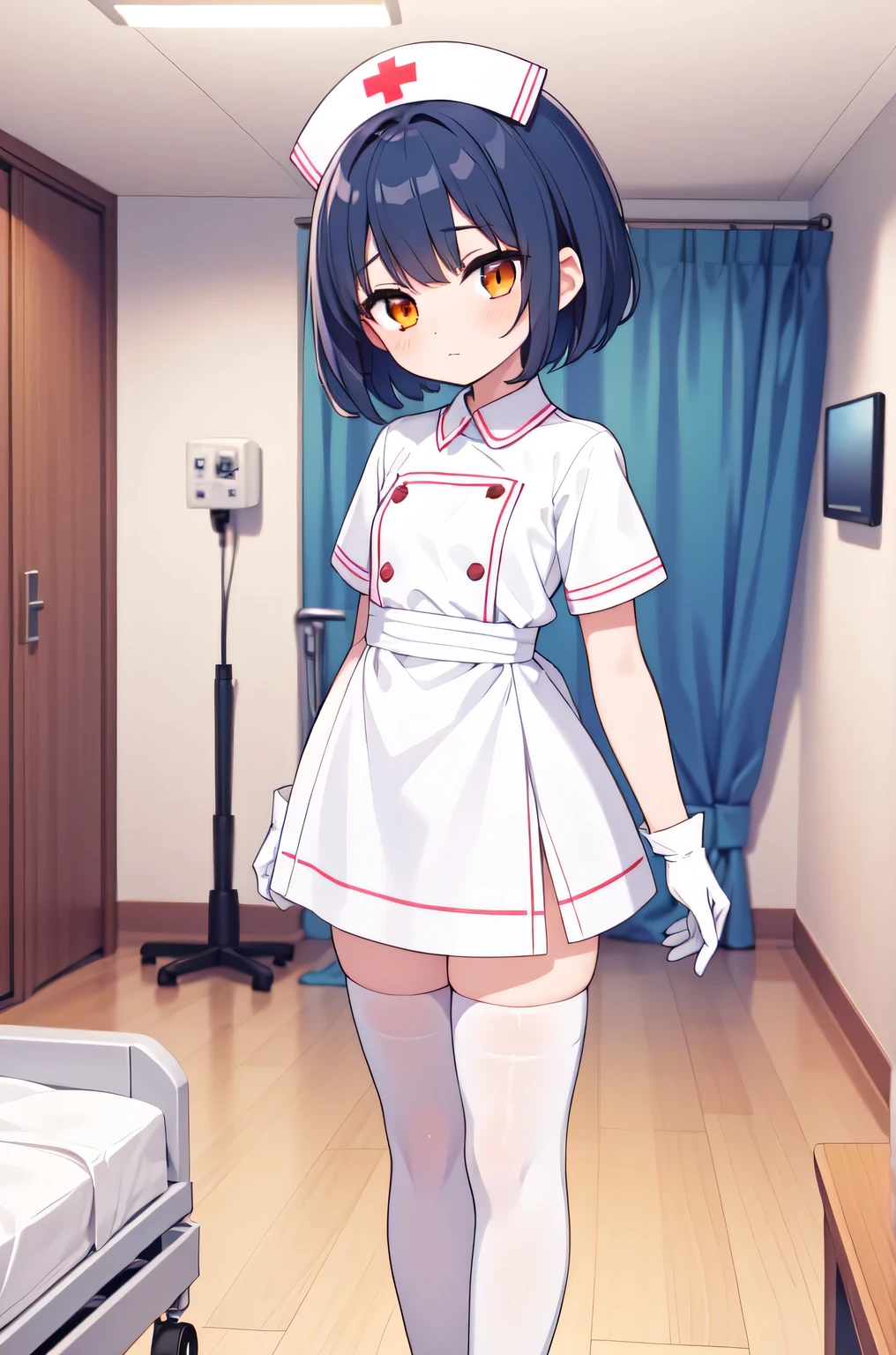 1boy, solo, male focus, nurse, white nurse cap, white nurse uniform, ((white legwear, zettai ryouiki)), white gloves, bobcut, blue hair, orange eyes, no impression, standing, ((hospital room)), sharp outline, short sleeves, shota, 12 years old, best quality, masterpiece