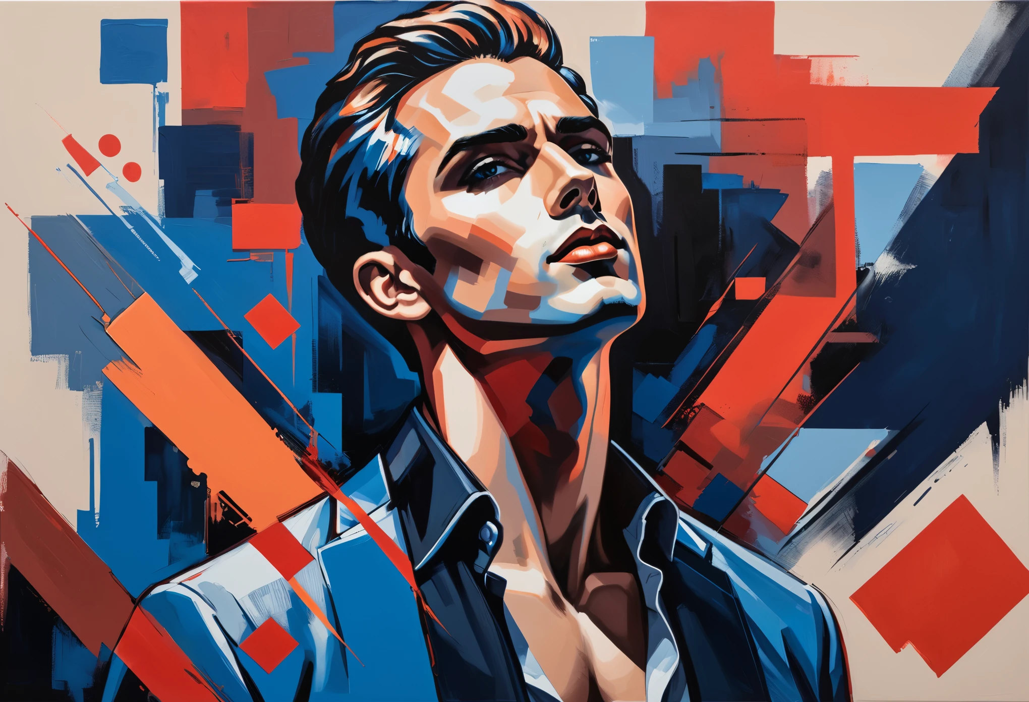 Create a contemporary portrait of a man with sharp features, using a bold and graphic style. Use vibrant, contrasting colors with a strong emphasis on red and blue hues. The background should be a neutral, pale beige or light peach color. The face should be at a slight angle, with clean lines and blocks of color to define the facial structure. Ensure the expression is intense, and the overall composition has a modern, pop-art feel. The painting should capture the interplay between light and shadow with striking contrasts.