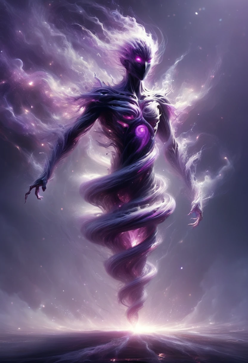 Facing Forward. This creature appears as a body of translucent dark gray and purple energy with small motes of purple light winking in and out of existence along its spherical form. It has a head, neck, chest, but it's body ends in a tapered whispy smoke, no legs or feet evident.