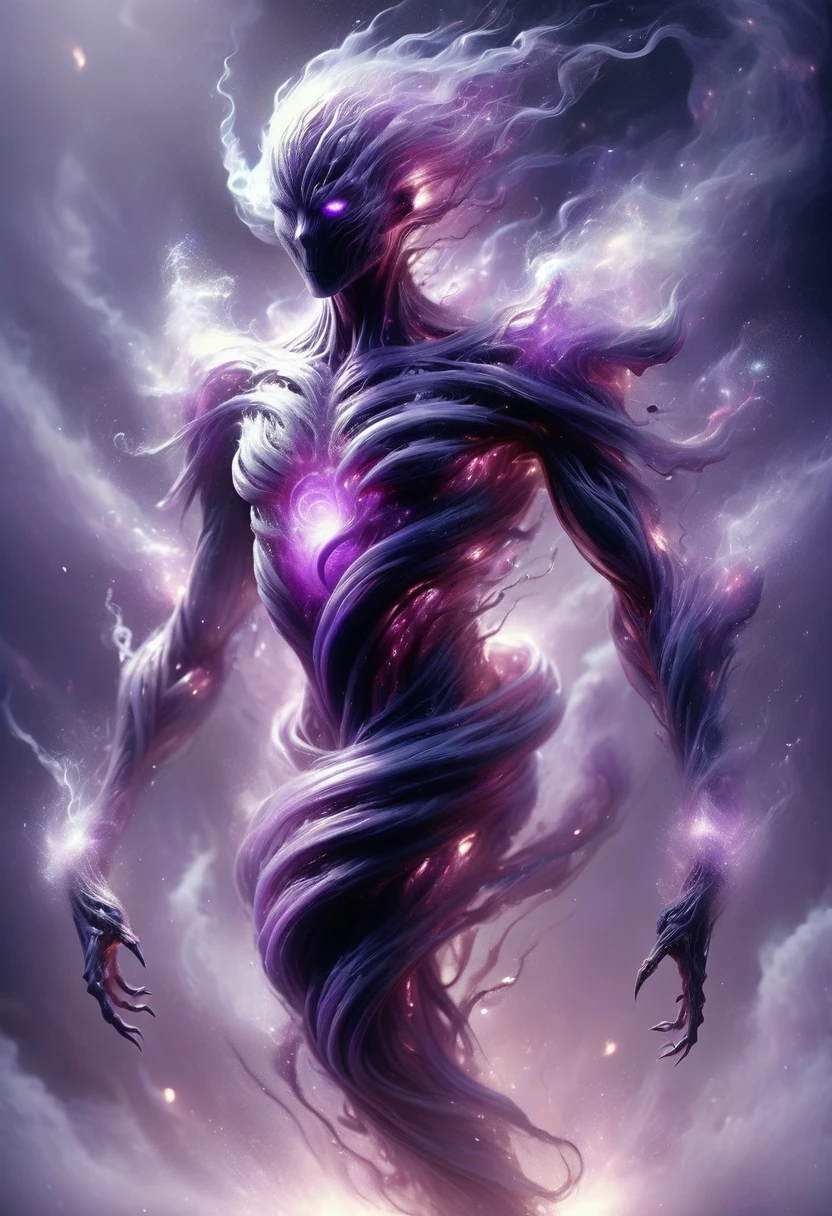 Facing Forward. This creature appears as a body of translucent dark gray and purple energy with small motes of purple light winking in and out of existence along its spherical form. It has a head, neck, chest, but it's body ends in a tapered whispy smoke, no legs or feet evident.