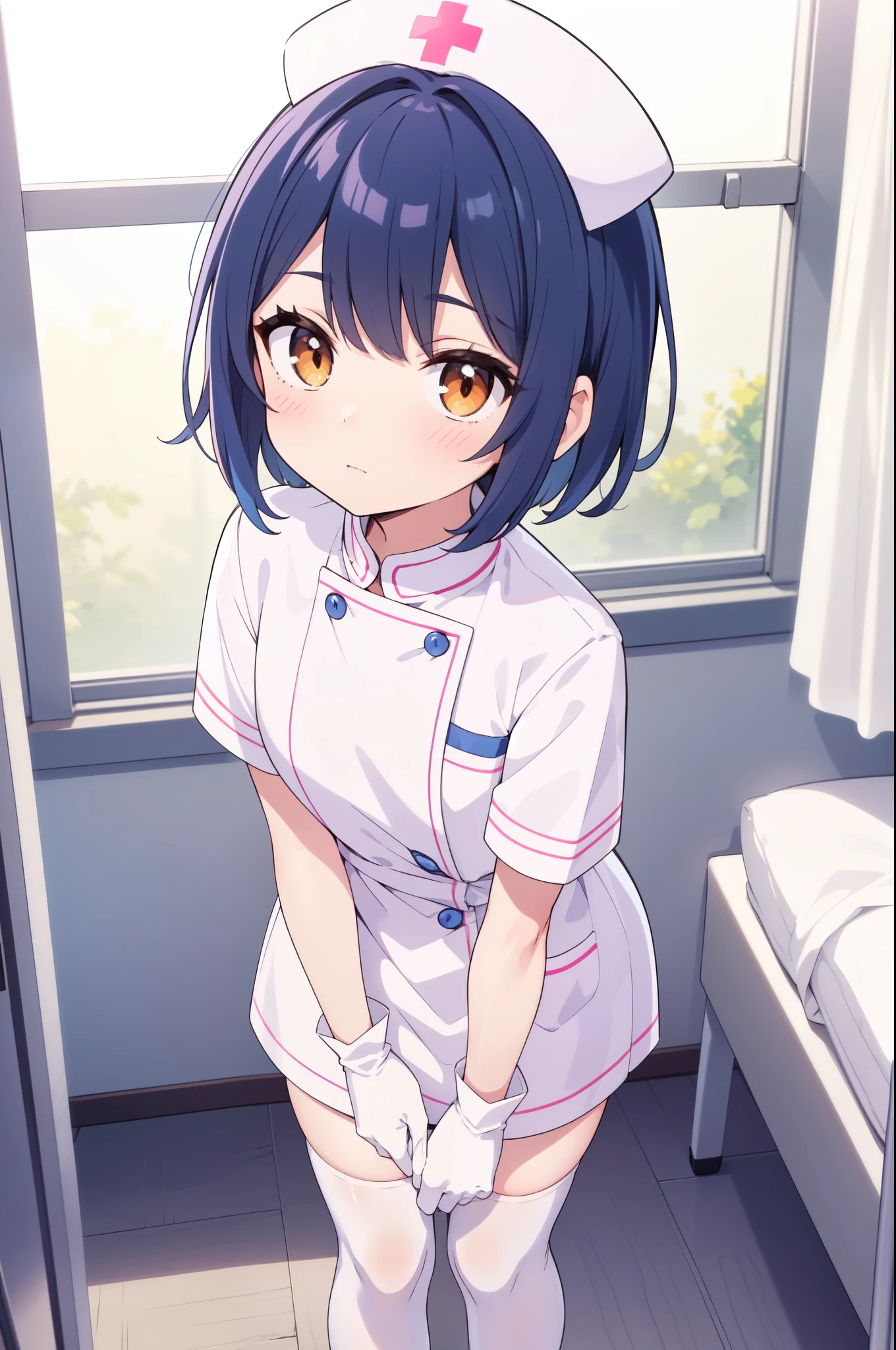 1boy, solo, male focus, nurse, white nurse cap, white nurse uniform, ((white legwear, zettai ryouiki)), white gloves, bobcut, blue hair, orange eyes, no impression, standing, ((hospital room)), sharp outline, short sleeves, shota, yo, best quality, masterpiece