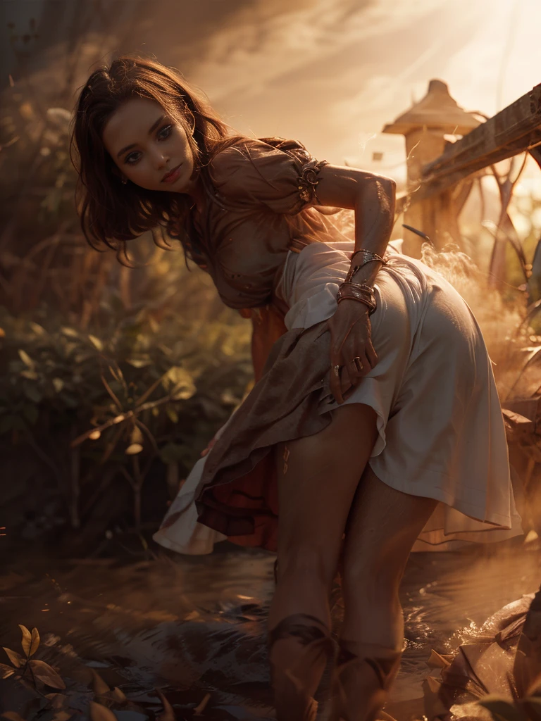 [gorgeous Italian elemental woman pulls her green skirt up, looking at viewer, tempting expression, seductive expression, winking expression, alluring expression], ultra high res.photorealistic, realistic hands, real_skin, [[photorealistic Chromatic aberration]], digital photograph, HDR, high contrast, masterpiece. [The scene is surrounded by mist, evoking a mysterious and eerie atmosphere. The lighting is dark and atmospheric, with smoke adding a touch of sinister ambiance. Best quality image, HDR enhancement, showcasing the utmost level of detail and realism, full body shot:1.5]. [8K, Ultra High Resolution, (highly detailed, Bokeh, (cowboy shot), 8k, 8K, UHD, textured skin, high details, high quality, Best Quality